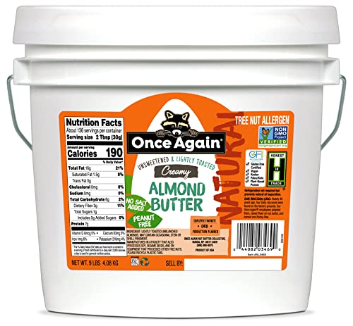 Once Again Natural Creamy Almond Butter, 9lbs - Lightly Toasted, Salt Free & Unsweetened - Gluten Free, Peanut Free, Vegan, Kosher & Paleo Certified - Perfect for Smoothies, Baking & Healthy Snacks