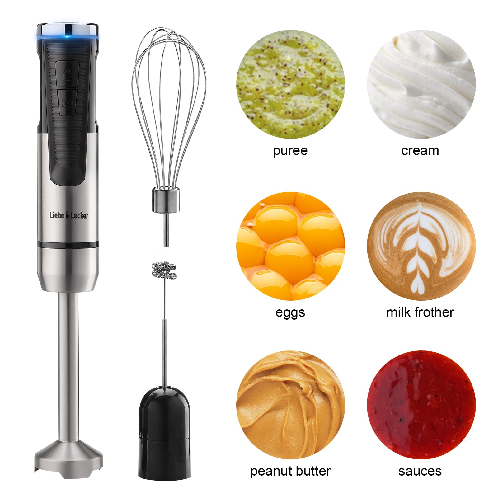 Liebe&Lecker Cordless Hand Blender - USB Rechargeable Immersion Blender with 8 Speed Settings, Whisk & Milk Frother Attachments | Perfect for Smoothies, Soups, Milkshakes & Baby Food | Portable Stick Blender for Kitchen, Camping & Travel