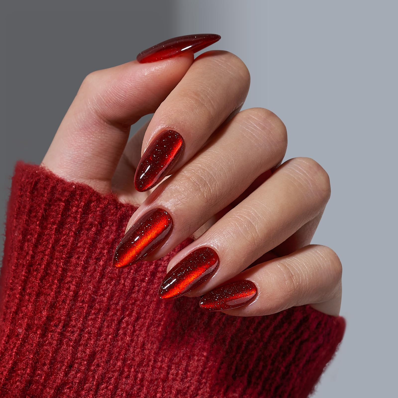 BTArtbox Almond Press On Nails - Deep Red Sparkly Fake Nails with Glossy Finish, Medium Length (15 Sizes), Mystic Ruby Design | Perfect for Parties, Weddings, Date Nights & Special Occasions