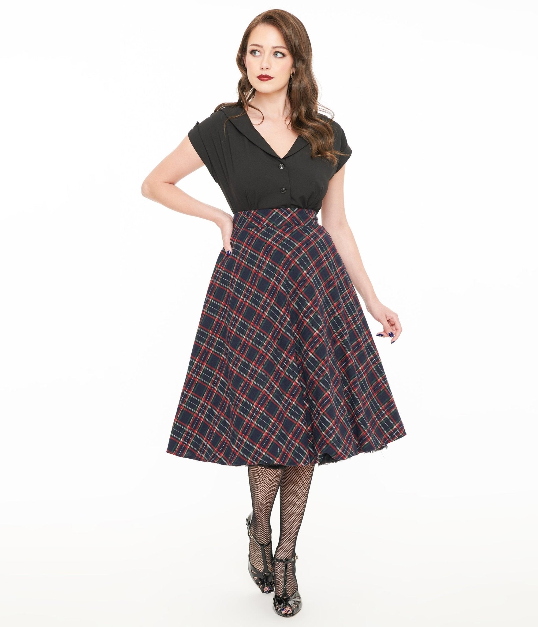 Vintage 1950s Navy & Green Plaid High Waist Swing Skirt - Retro A-Line Skirt for Women | Perfect for Swing Dancing, Cocktail Parties & 1950s Themed Events
