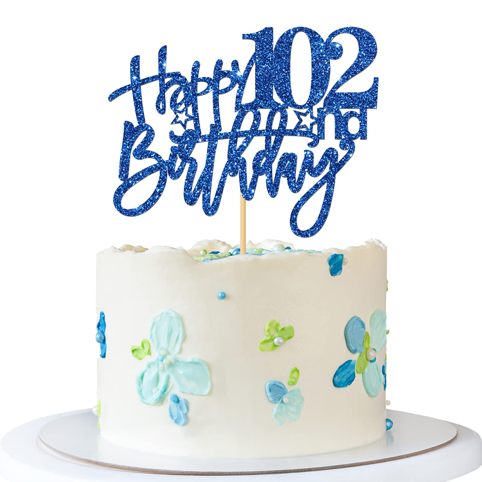 102nd Birthday Cake Topper - Blue Glitter Decor for 102 Years Old Woman, Man or Boy - Happy Birthday Party Supplies - Perfect for Milestone Celebrations & Senior Birthday Parties