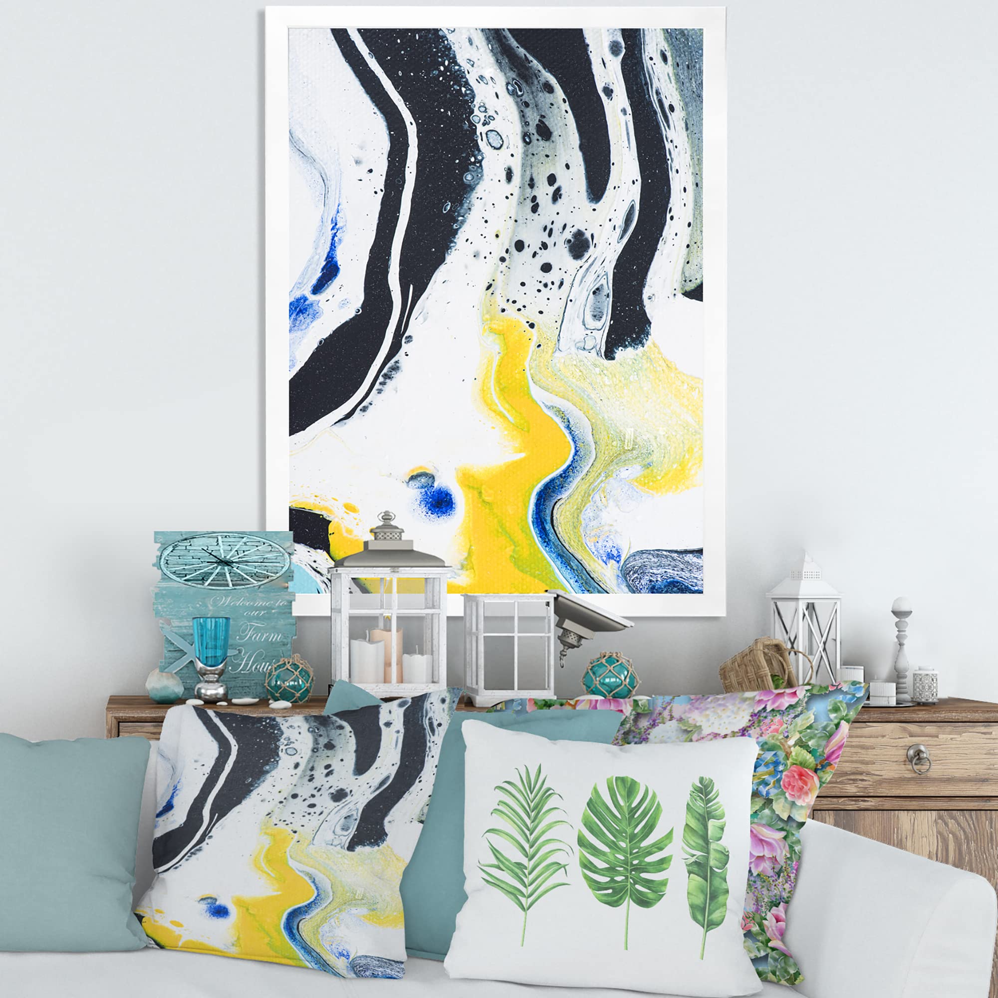 DesignQ Abstract Marble Composition in Yellow and Blue IV - Modern Framed Wall Art for Living Room, Bedroom & Office Decor