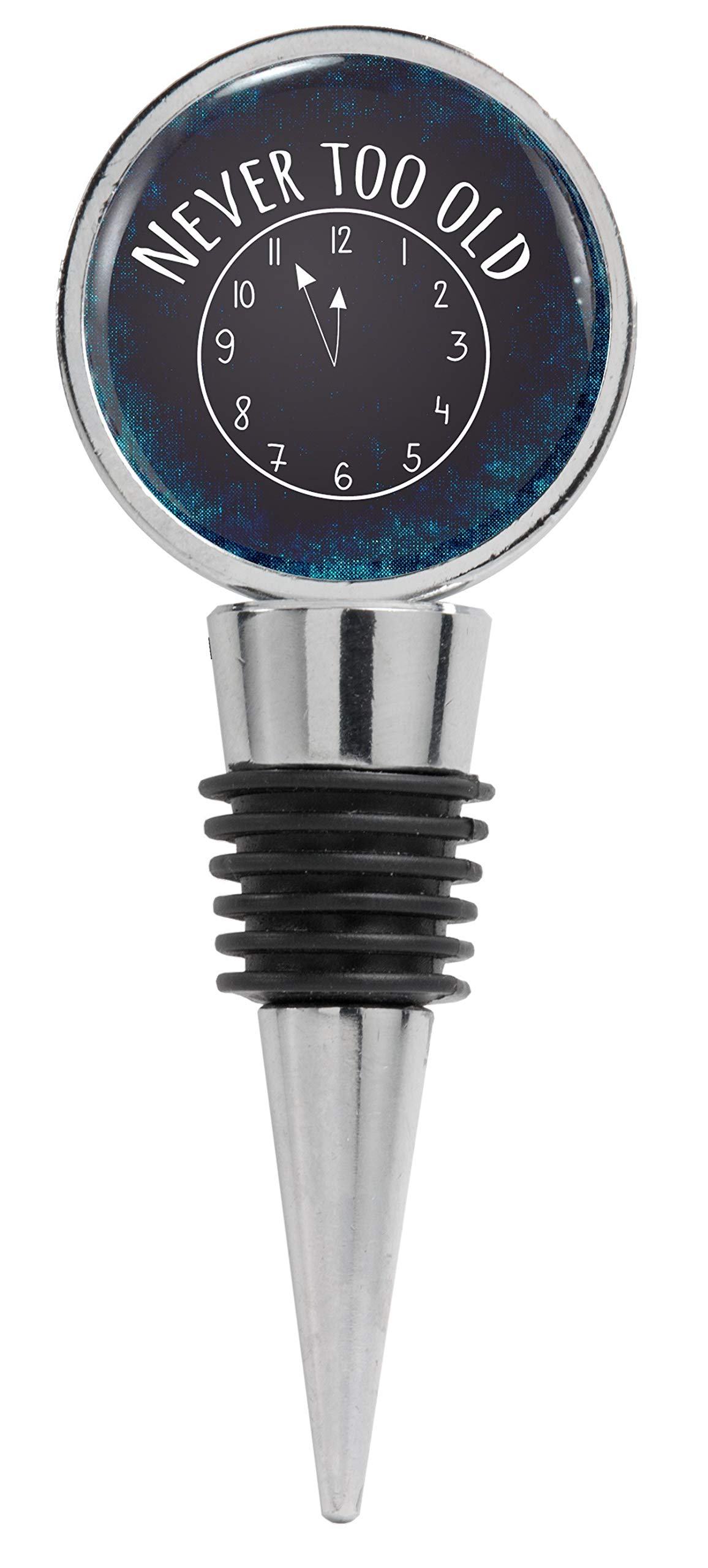 Never Too Old Quote Illustration with Clock Wine Stopper - Unique Gift for Wine Lovers, Birthday & Anniversary Presents - Perfect for Home Bars, Dinner Parties & Wine Tasting Events