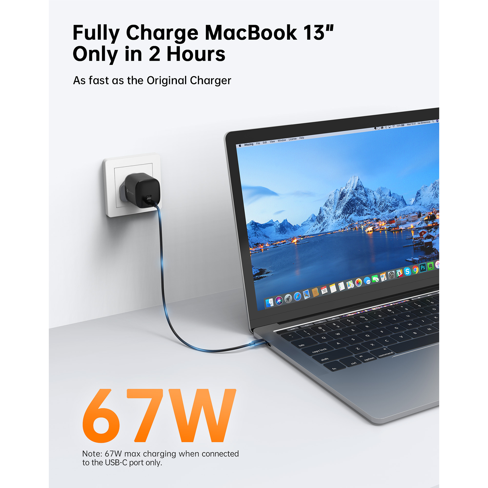 NOVOO RG67 67W Dual USB-C GaN Fast Charger with PPS - Compact & Powerful Wall Charger for iPhone 15/14, MacBook, iPad, Samsung Galaxy - Perfect for Travel, Home & Office Use
