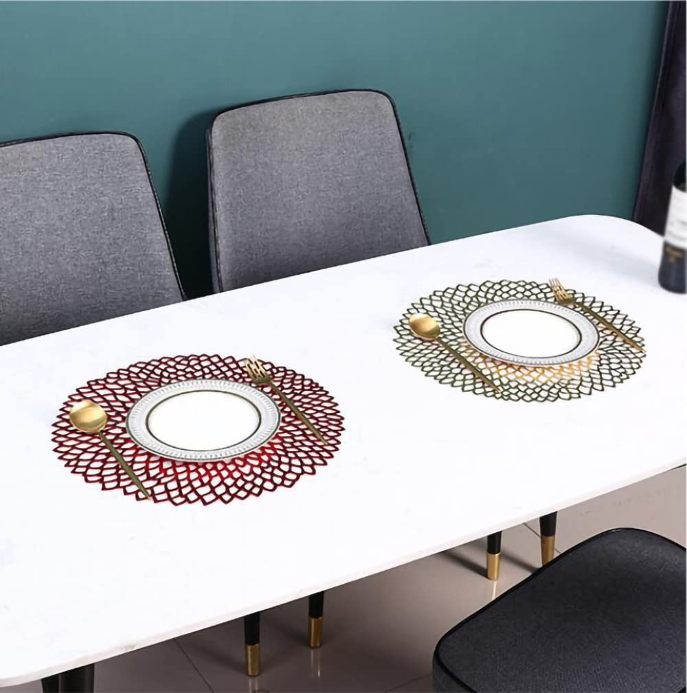 Premium Non-Slip PVC Round Placemats Set of 6 - 15 Inch Hollow Charger Placemats for Dining Table Decor (Gold) | Washable & Durable for Wedding, Holiday, Party & Everyday Kitchen Use