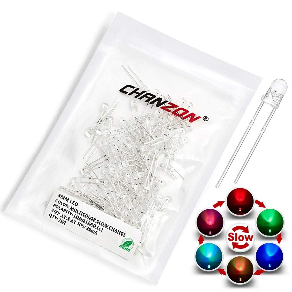 Chanzon 100pcs 3mm RGB Multicolor Slow Blinking LED Lights - Multi Color Changing Flashing Round DC Diodes for DIY Electronics, Home Decor, and Creative Lighting Projects
