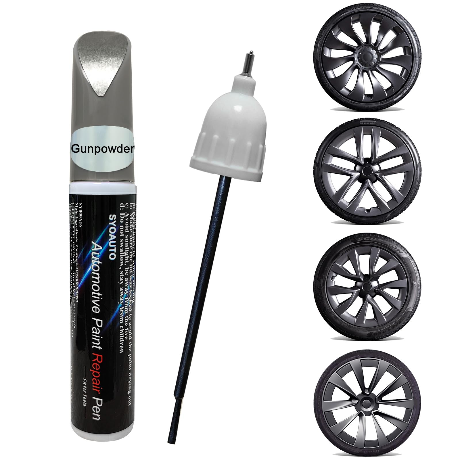 SYOAUTO Gunpowder Gray Touch Up Paint Pen for Tesla Model Y 3 S X - 2-in-1 Brush & Pen Tip to Repair Wheel Scratches, Curb Rash on Uberturbine/Arachnid/Cybersteam/Turbine Rims | Perfect for DIY Car Maintenance & Cosmetic Wheel Restoration