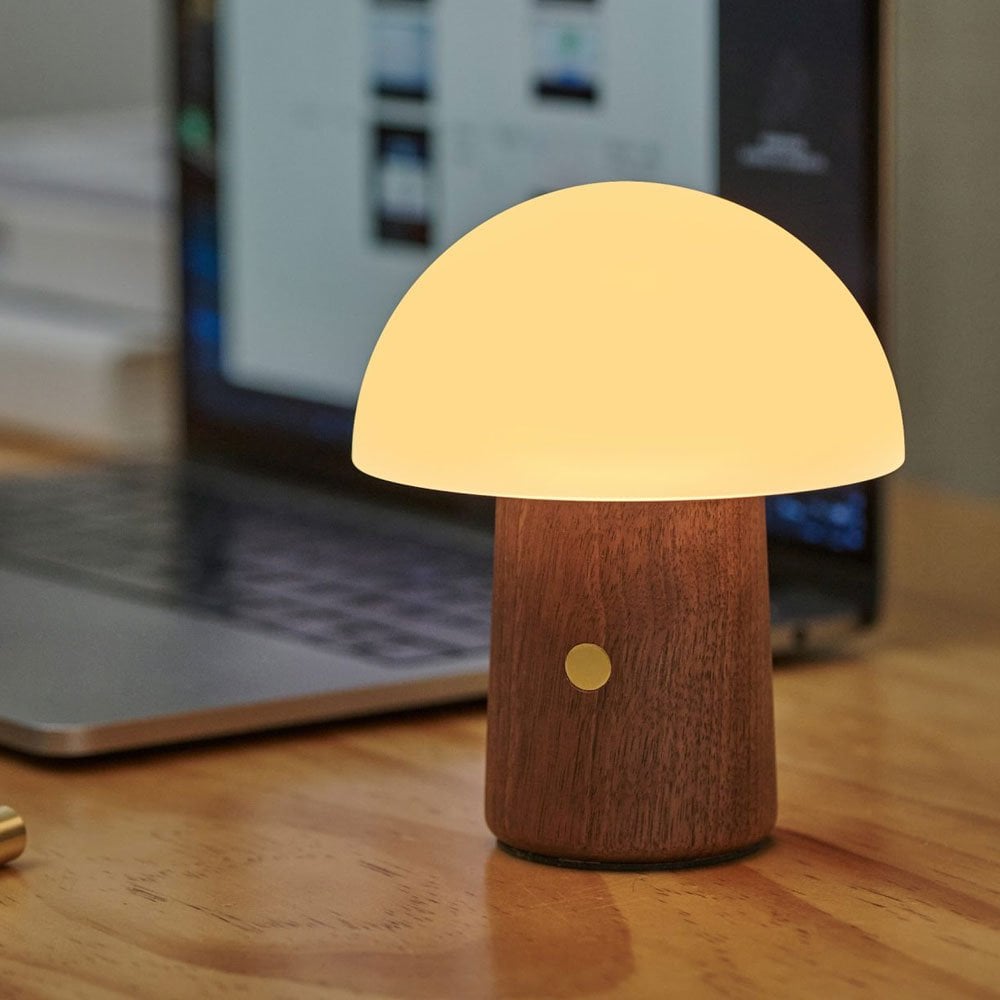 GINGKO Alice Mushroom LED Night Light - Wireless Rechargeable Mini Table Lamp with Walnut Base - Perfect for Bedroom, Nursery, Kids Room & Home Decor