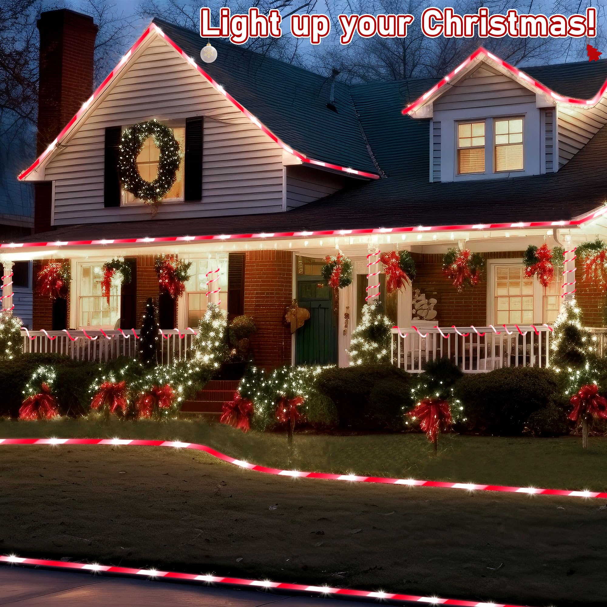 Hiboom Christmas Candy Cane Rope Lights - 65.6ft Waterproof Outdoor Decorative String Lights with 8 Lighting Modes & Timer for Christmas Tree, Fence, Patio, Garden, Yard - Perfect for Holiday Decorations, Parties, and Festive Outdoor Lighting