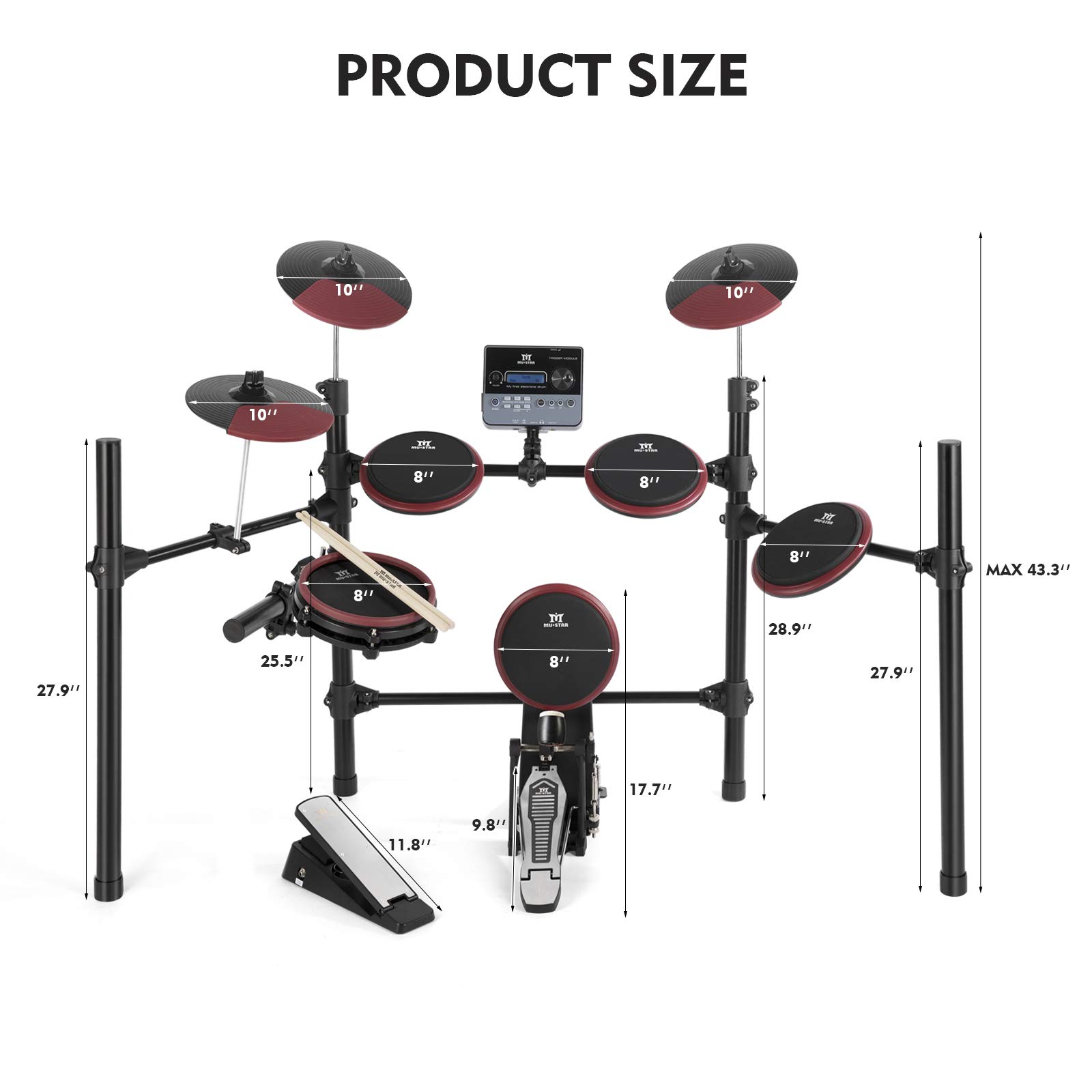 MUSTAR 10-Piece Electronic Drum Set with 225 Sounds - 8