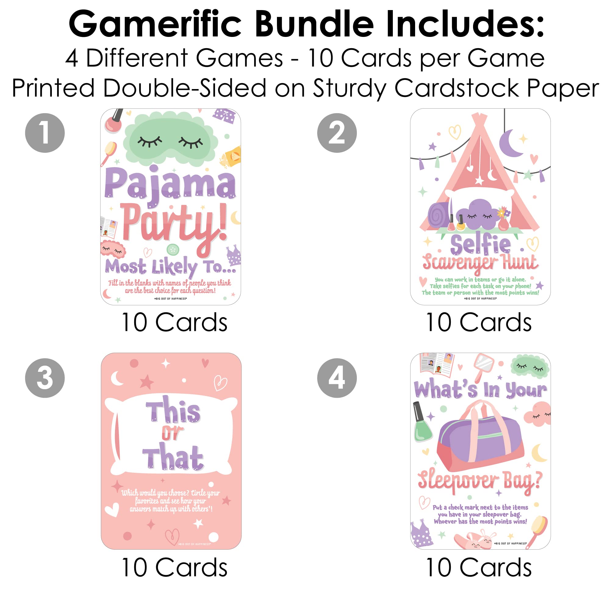Big Dot of Happiness Pajama Slumber Party Games Set - 10 Fun Activity Cards for Girls' Sleepovers, Birthday Parties & Kids Group Games | Perfect for 4 Friends at PJ Parties, Birthday Celebrations & Family Game Nights