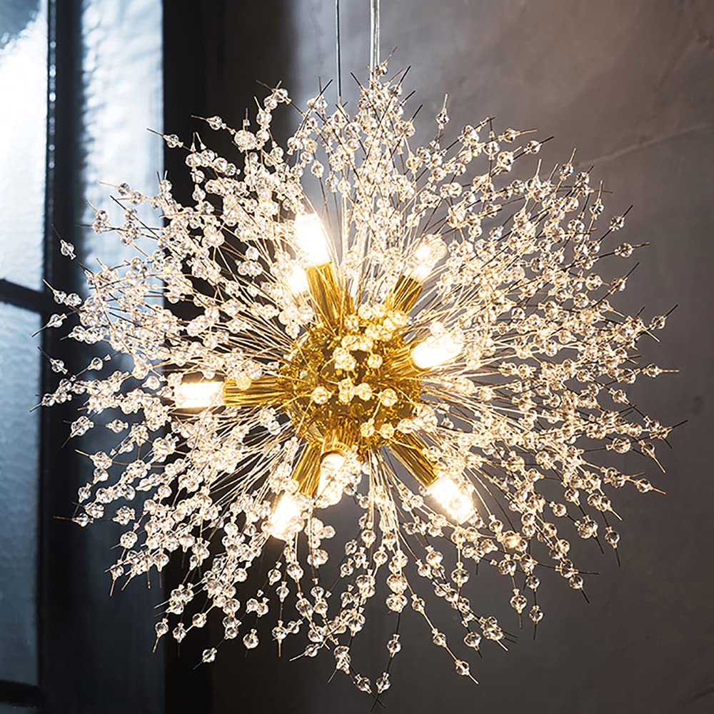 Modern Gold Crystal Chandelier - 9-Light Sputnik Dandelion Pendant Lighting Fixture for Dining Room, Living Room, Bedroom, Kitchen & Restaurant | Elegant Ceiling Light for Home Decor, Wedding Venues and Luxury Spaces