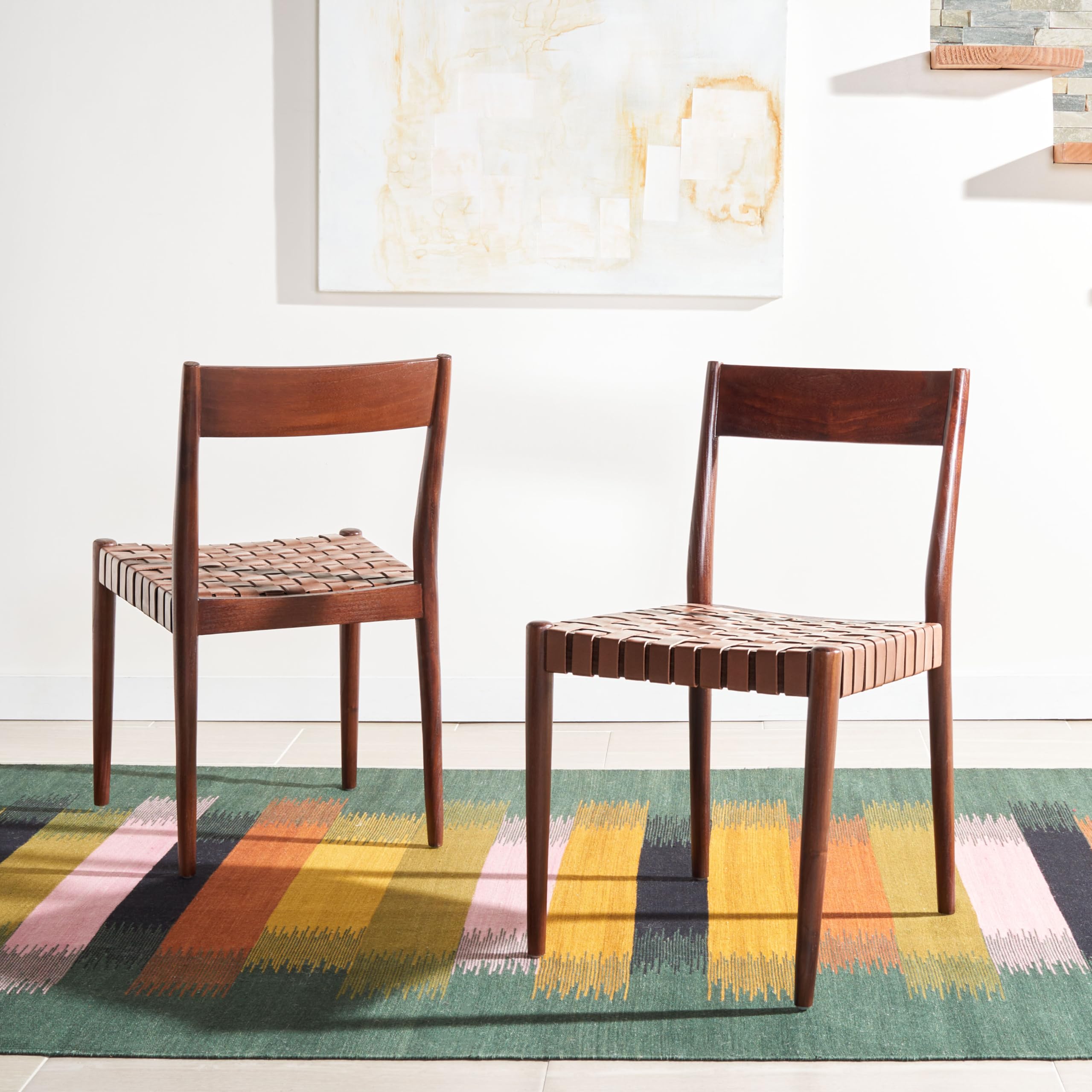 SAFAVIEH Eluned Woven Leather Accent Chair - Set of 2, Cognac Brown Dining Chairs for Living Room, Kitchen & Office | Modern Home Decor Furniture DCH1201A-SET2
