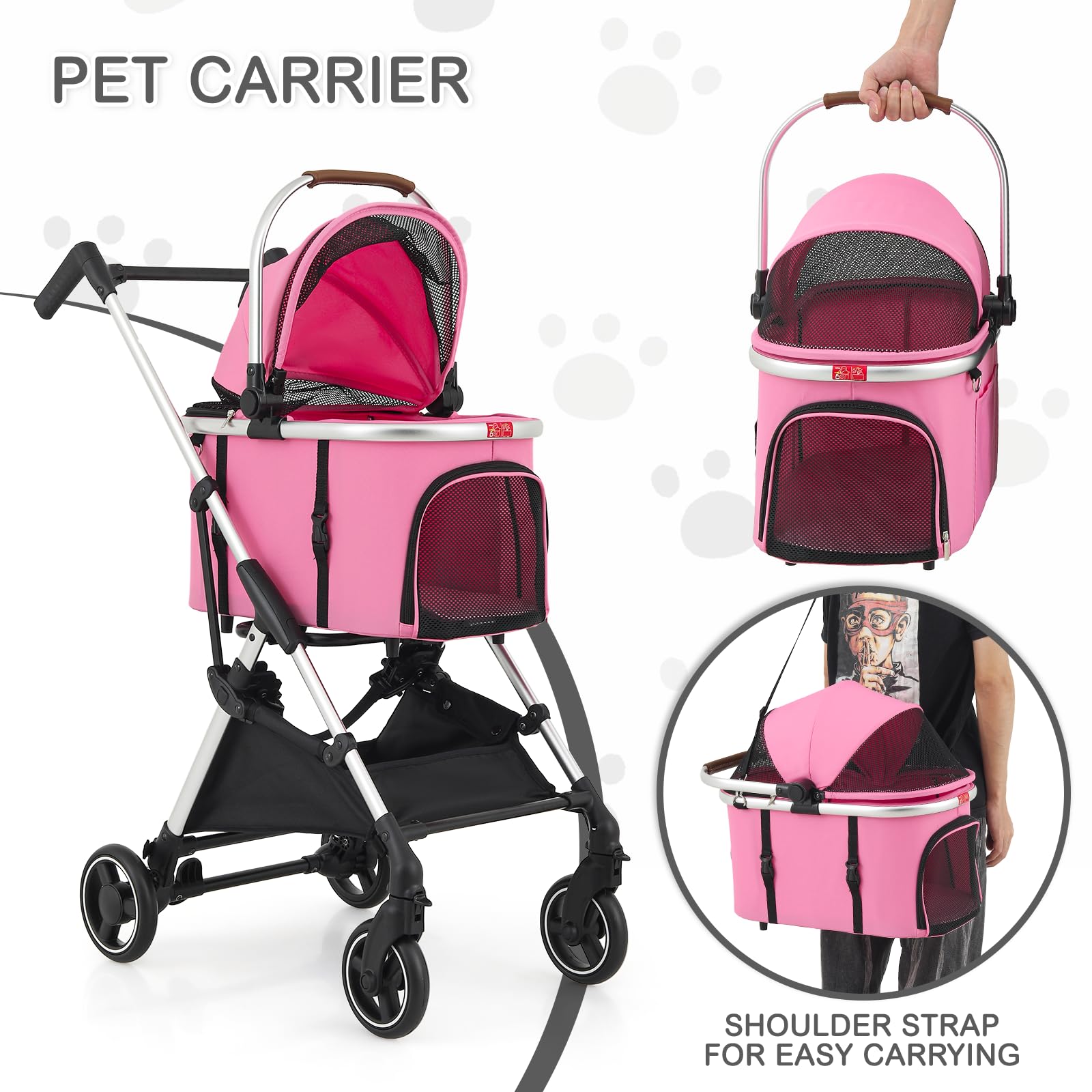 MoNiBloom Lightweight Pet Stroller for Small & Medium Dogs - Foldable Jogging Stroller with Detachable Carrier & Durable Aluminum Frame - Pink | Perfect for Walking, Traveling & Outdoor Adventures with Your Dog