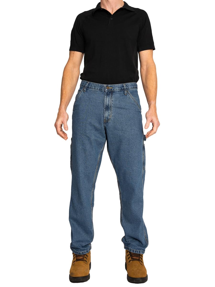 FULL BLUE Men's Carpenter Denim Jeans - Relaxed Loose Fit with Utility Pockets & Hammer Loop - Light Washed Blue Jeans for Workwear & Casual Style | Perfect for Construction, DIY Projects & Everyday Wear