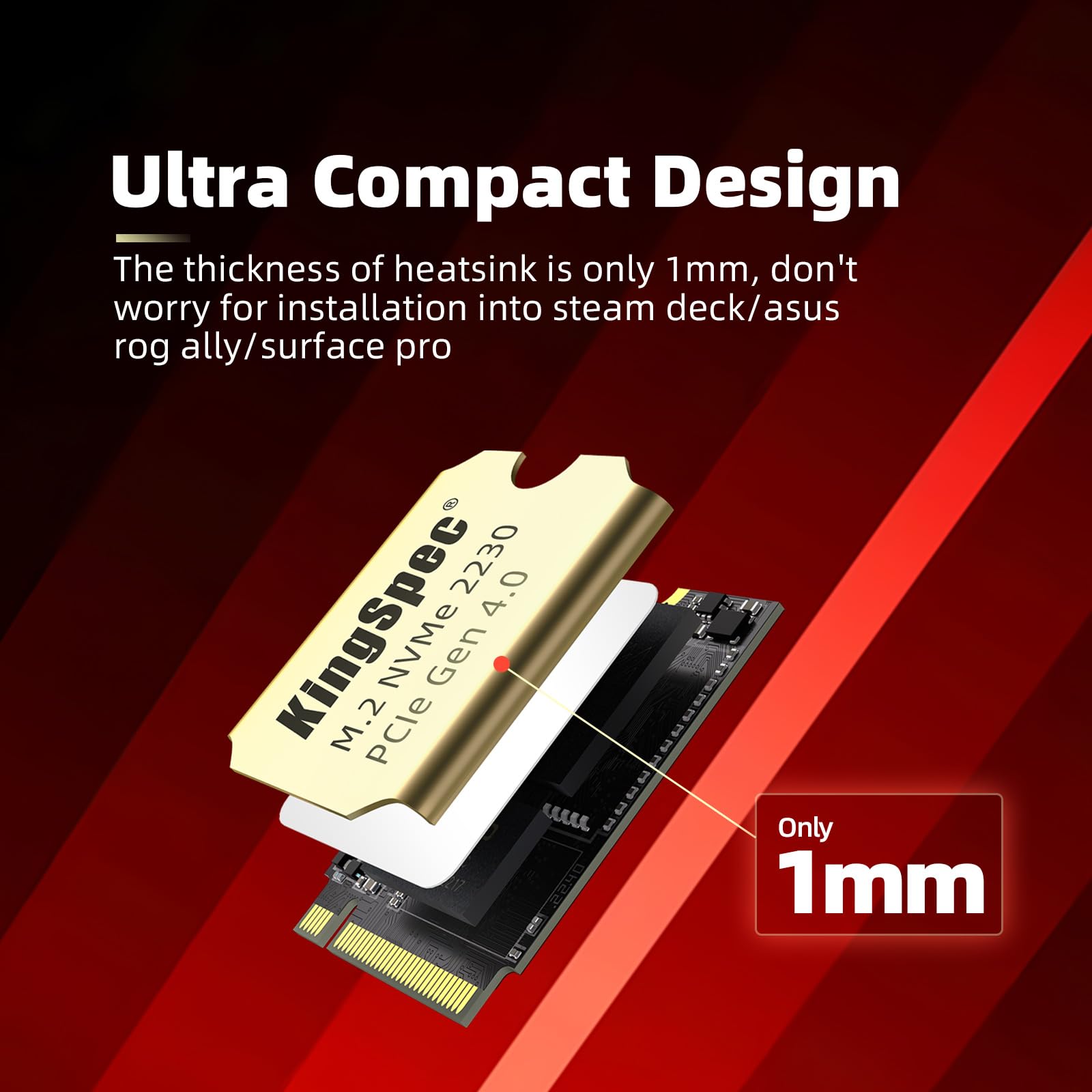 KingSpec 1TB M.2 2230 PCIe Gen4 NVMe SSD with Heatsink - Up to 5000MB/s High-Speed Internal Solid State Drive - Compatible with Steam Deck, ASUS ROG Ally, Surface Pro & Laptops - Perfect for Gaming, Video Editing & Fast Boot Times