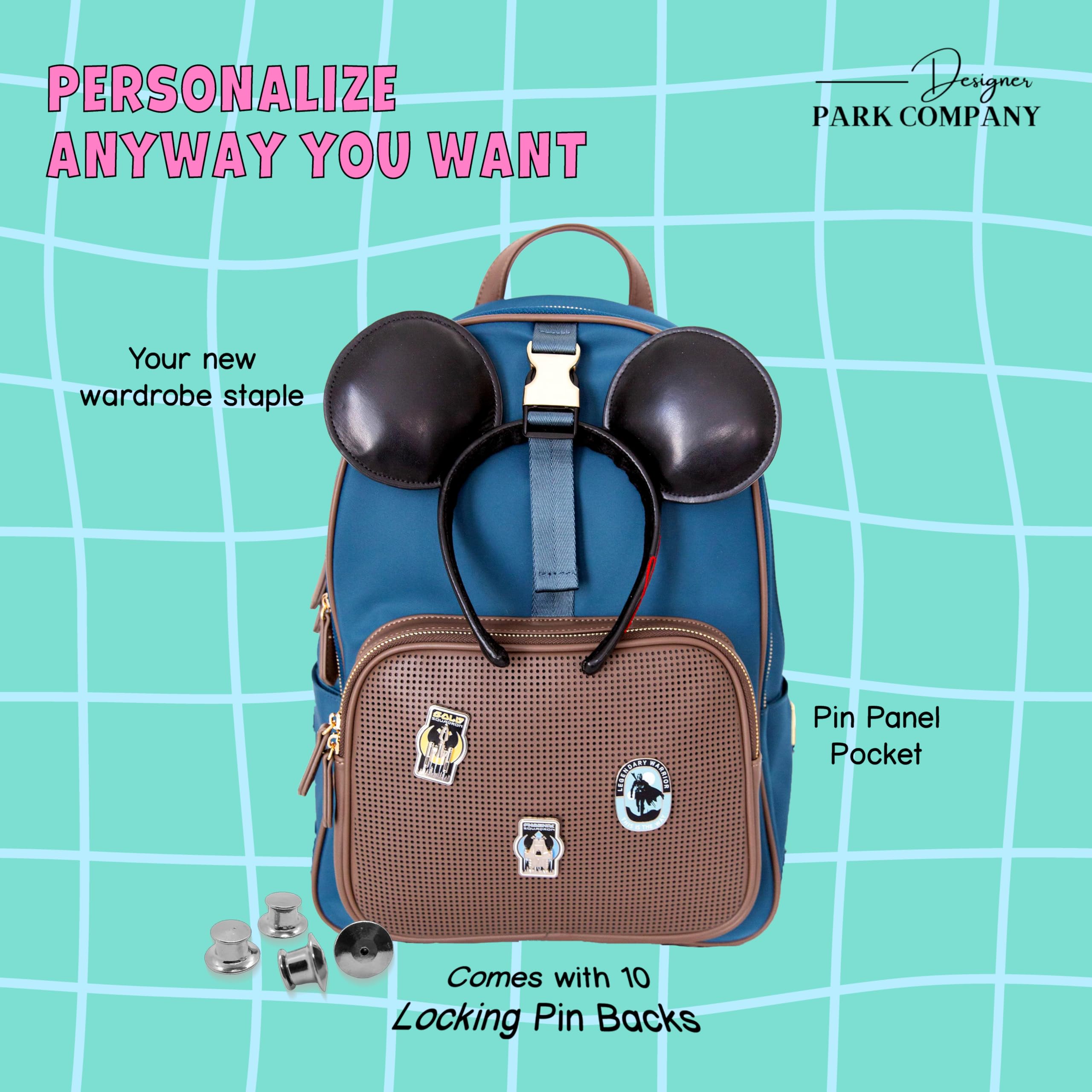 Designer Park Company - Master Gracey Leather Backpack with Adjustable Straps, Hydration Kit & Locking Pins | Durable School & Travel Backpack for Boys & Girls | Perfect for Theme Parks, Hiking & Daily Commute - Sapphire Blue