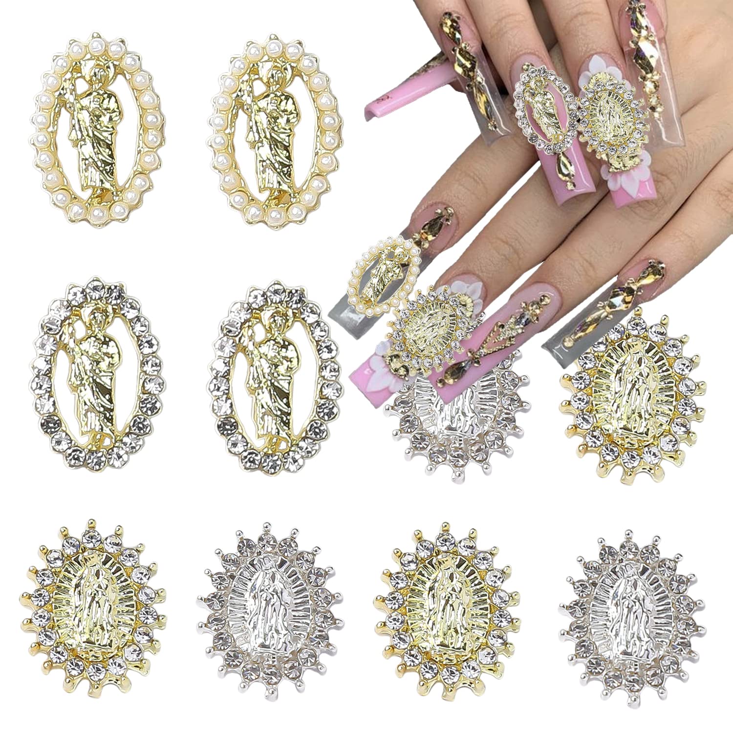 3D San Judas Nail Charms - 10PCS Virgin Mary & Religious Nail Art Decorations with Pearls - Acrylic Crystal Nail Accessories for DIY Manicure - Perfect for Parties, Weddings, Church Events and Everyday Glamour Nail Designs