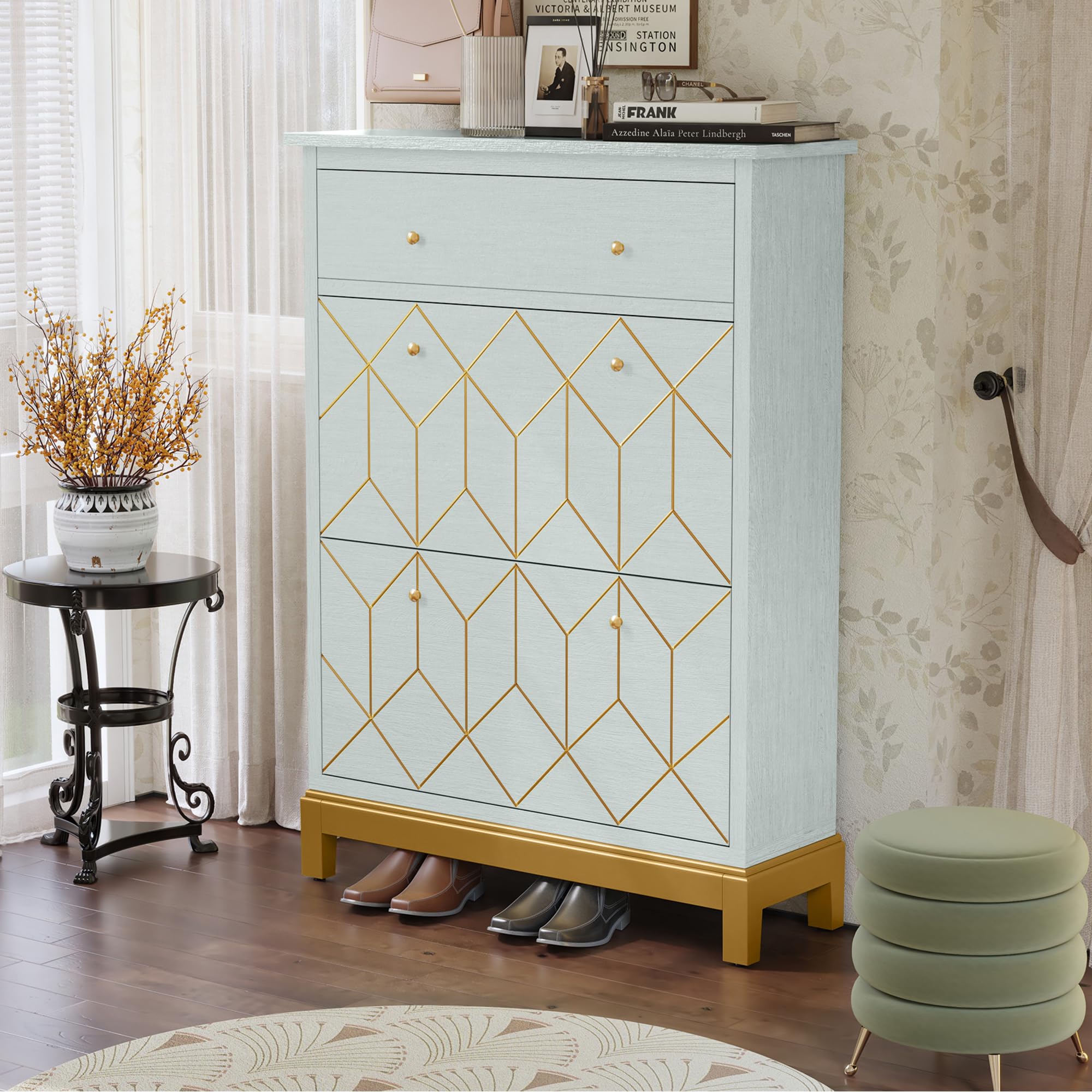 Space Saving Hidden Shoe Cabinet with 2 Flip Doors & 1 Drawer - Freestanding Entryway Shoe Storage Organizer, Narrow Shoe Rack for Hallway, Living Room, Bedroom - Green with Gold Legs - Perfect for Small Spaces & Apartment Entryways