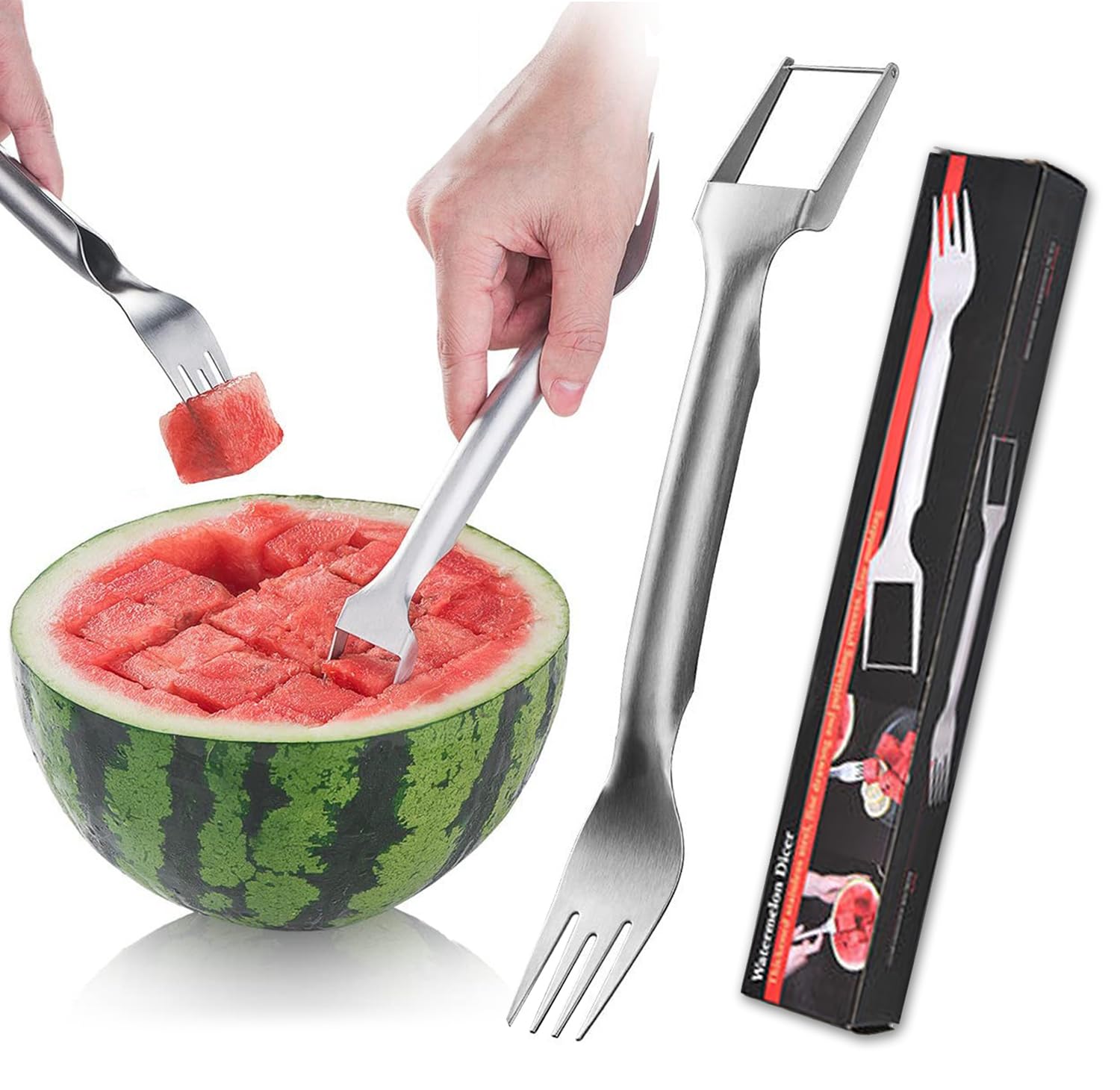 2-in-1 Stainless Steel Watermelon Slicer & Cutter - Portable Fruit Windmill Tool with Spoon and Fork | Perfect for Picnics, BBQs, and Summer Parties | Kitchen Gadget for Easy Watermelon Cutting (Style A, 1Pcs)