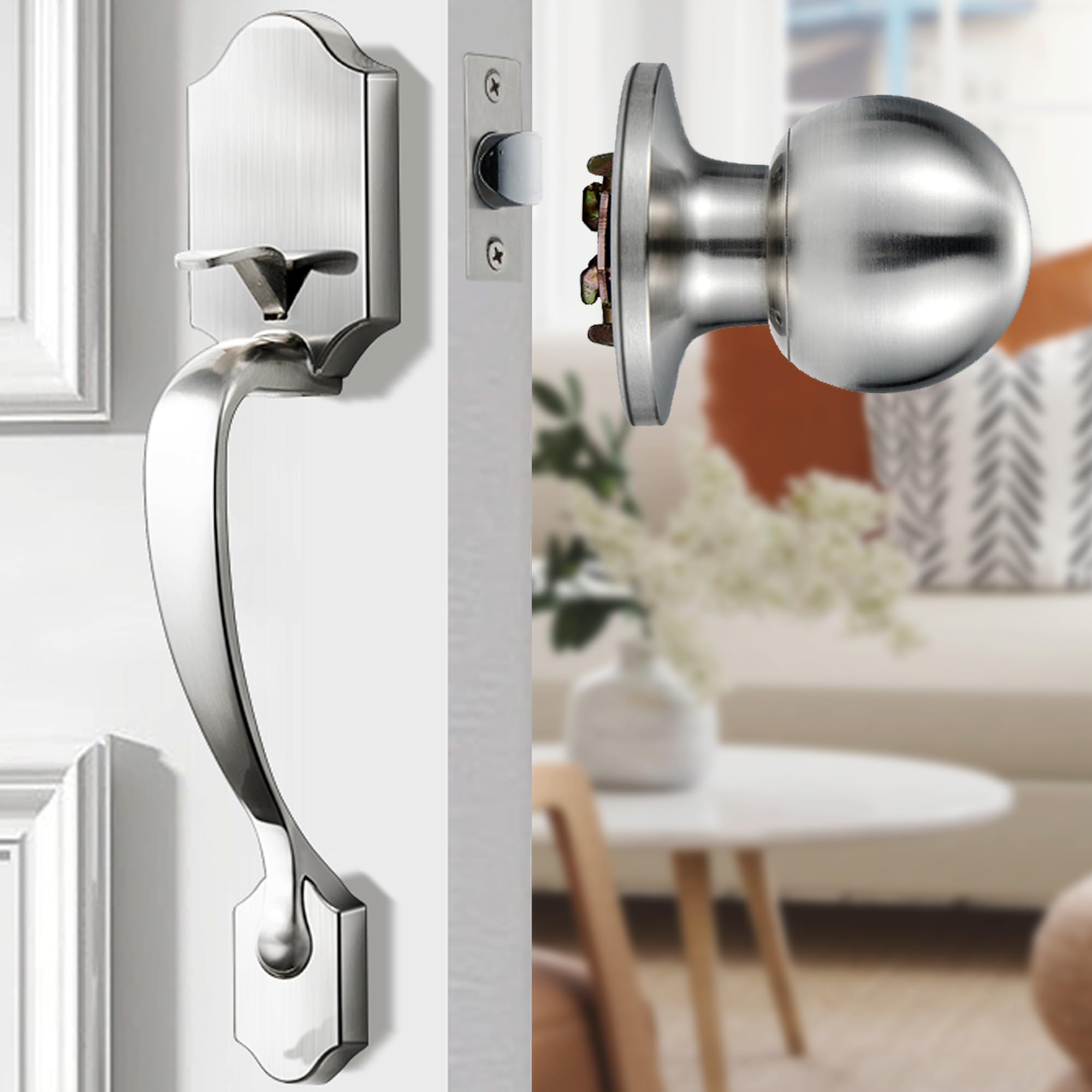 Elemake Front Door Handle Set - Exterior & Interior Entry Handles with Reversible Lever, No Lock, Brushed Nickel Finish - Adjustable Large Size Upgrade for Home Security & Easy Installation - Perfect for Front Doors, Bedrooms & Office Spaces