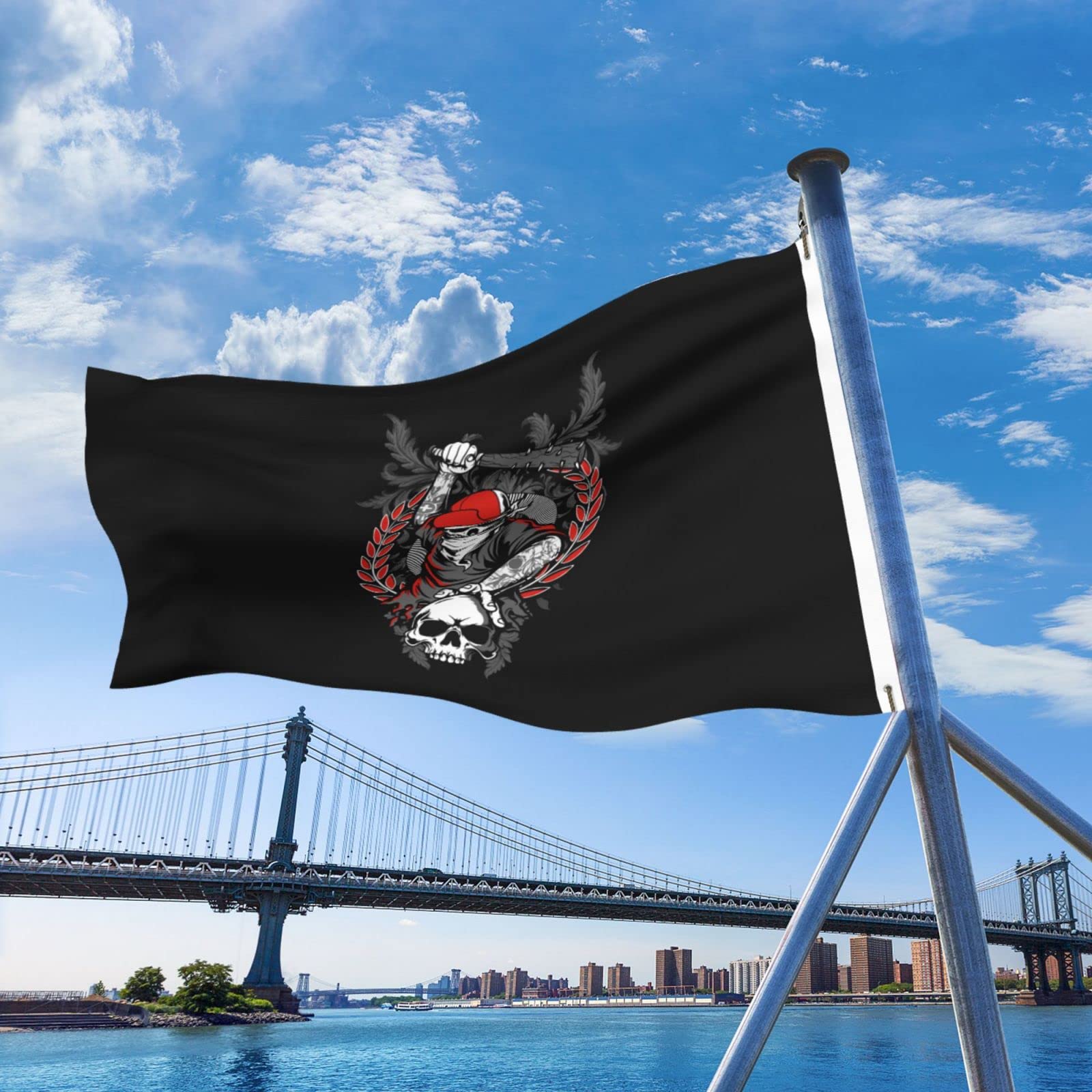 POOEDSO Bandit Skull Flag - 5x8 Ft Double Sided Outdoor Polyester Flag with Funky Hat & Skeleton Hand Holding Crossed Baseball Bats - Lightweight Funny Yard Decoration for Halloween, Man Cave, Tailgating Parties & Home Decor