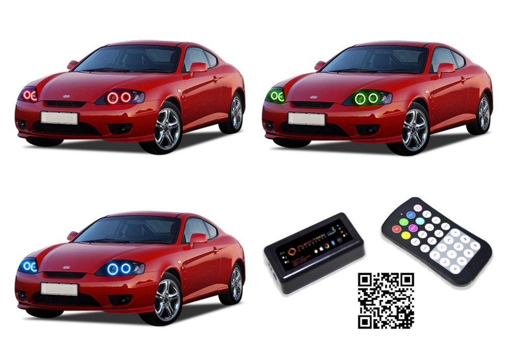 Flashtech LED RGB Multi-Color Halo Ring Headlight Kit with ColorFuse Bright Technology - Bluetooth & RF Remote Control + APP Compatible for 2005-2006 Hyundai Tiburon - Upgrade Your Car Lighting for Night Driving & Custom Styling