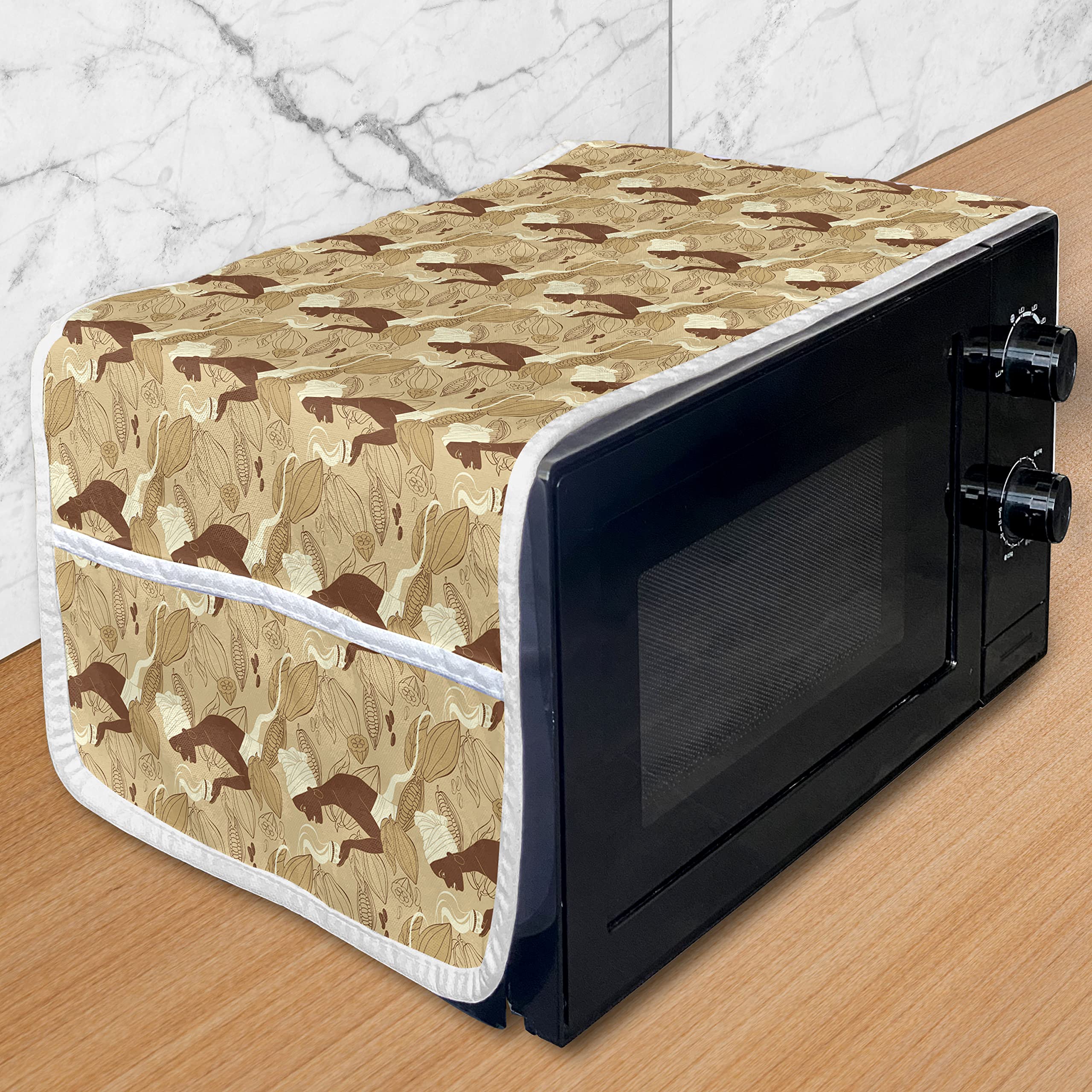 Ambesonne African Microwave Oven Cover - Traditional Ethnic Woman Holding Coffee Cup Design, Waterproof Kitchen Organizer with Pockets, 36