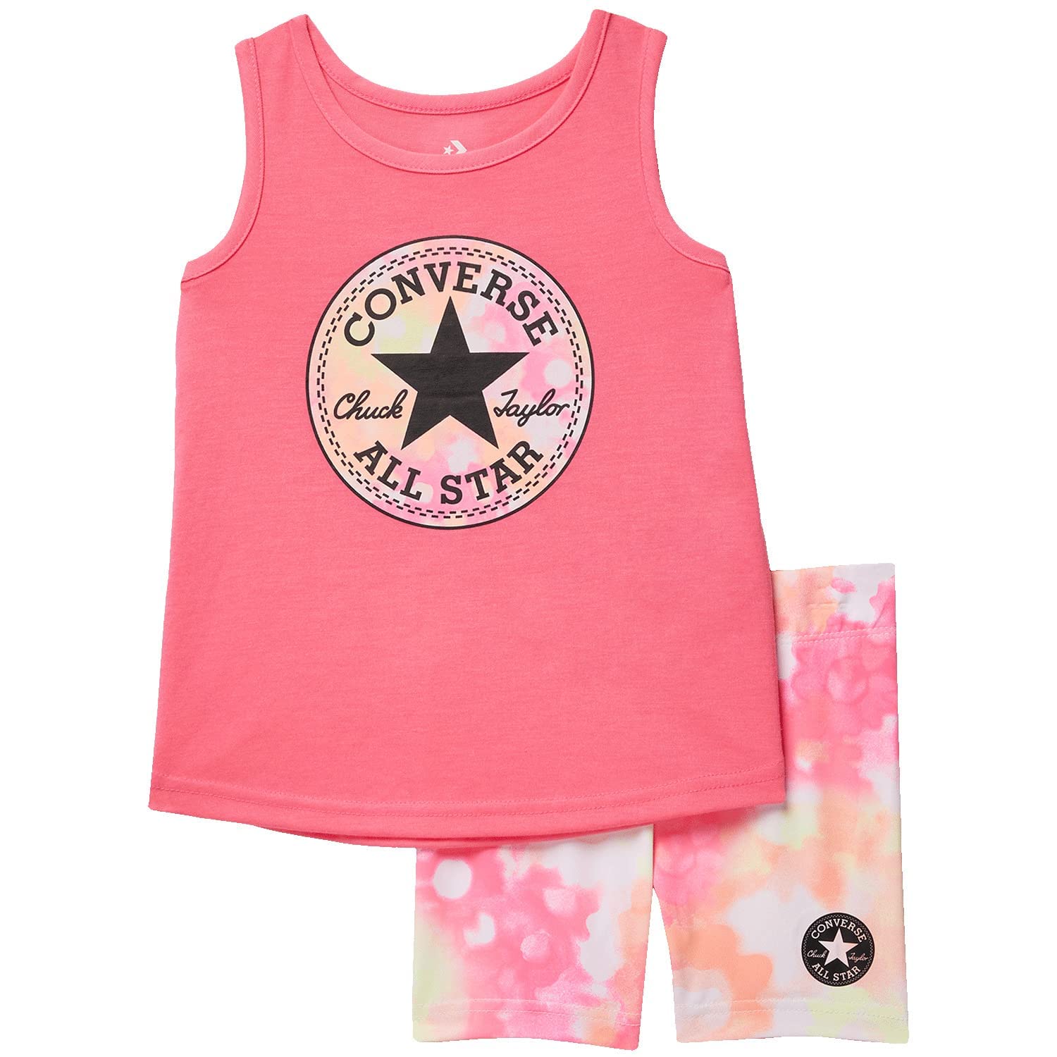 Converse Toddler Girls Floral Print Chuck Patch T-Shirt & Bike Shorts 2-Piece Set - Digital Pink | Cute Casual Outfit for Playdates, Preschool & Summer Activities (2T)