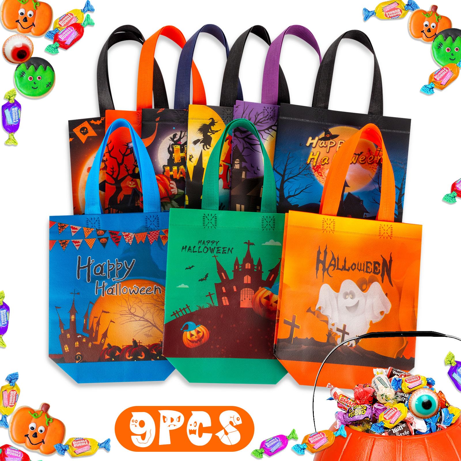 9-Piece Halloween Grab Bags with Handles - Reusable Trick or Treat Bags, Halloween Tote Bags for Kids & Adults, Durable Non-Woven Goodie Bags for Candy, Gifts & Party Favors (7.9