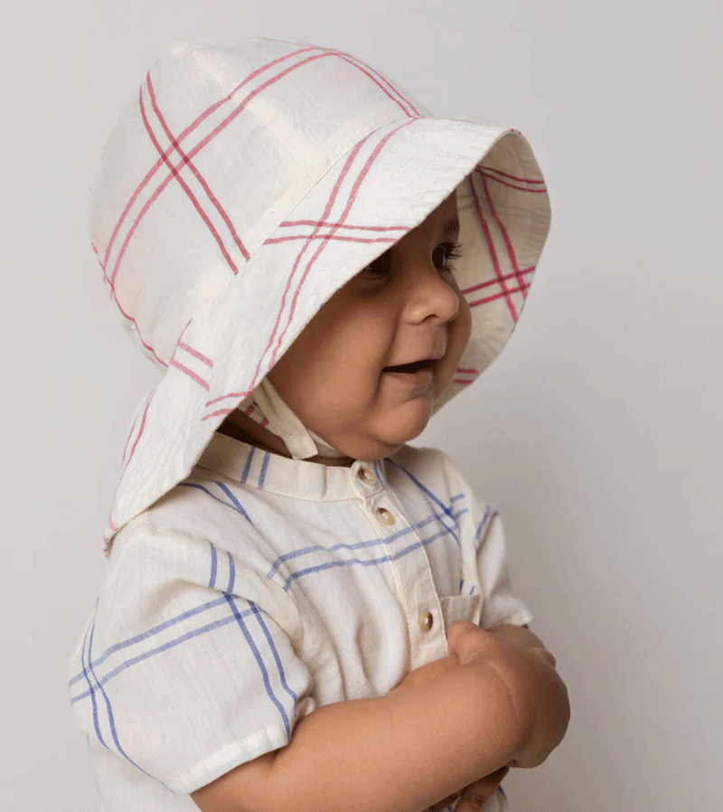 MarMar Copenhagen Red Check Baby Alba Long Sun Hat - UV Protection Wide Brim Floppy Hat for Infants & Toddlers - Perfect for Beach, Park, and Outdoor Summer Activities