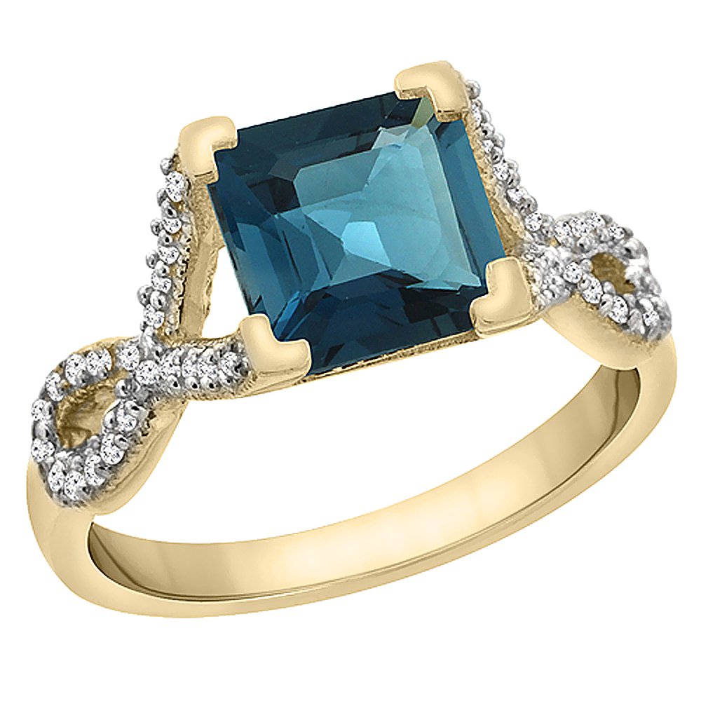 14K Yellow Gold Natural London Blue Topaz Ring with Square 7x7mm Diamond Accents - Size 5 to 10 - Elegant Wedding, Engagement & Anniversary Jewelry Gift for Women