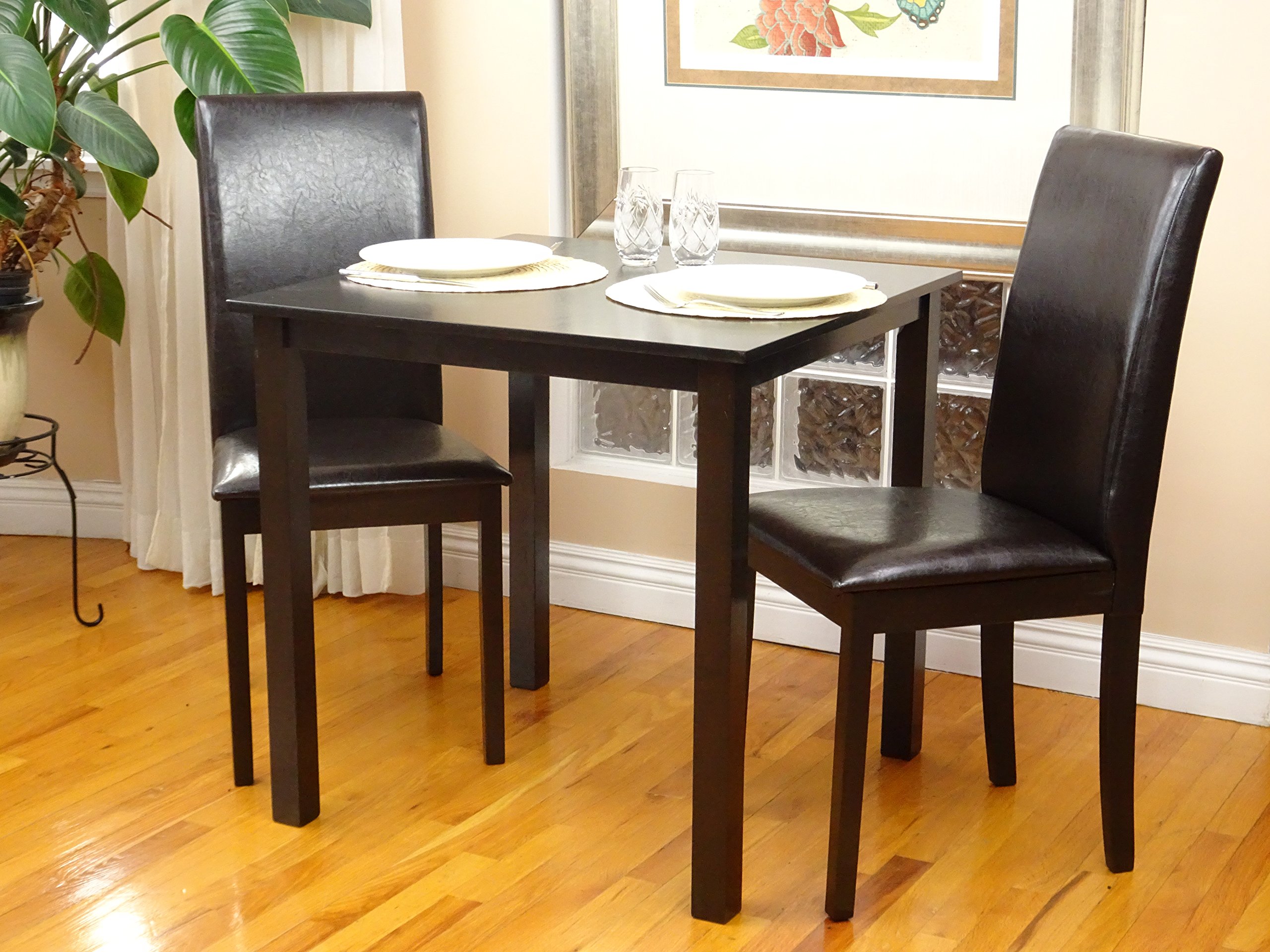 3-Piece Dining Room Set - Square Table & 2 Fallabella Chairs, Solid Wood Espresso Finish with Rattan Wicker Design - Perfect for Small Kitchens, Breakfast Nooks & Cozy Apartments