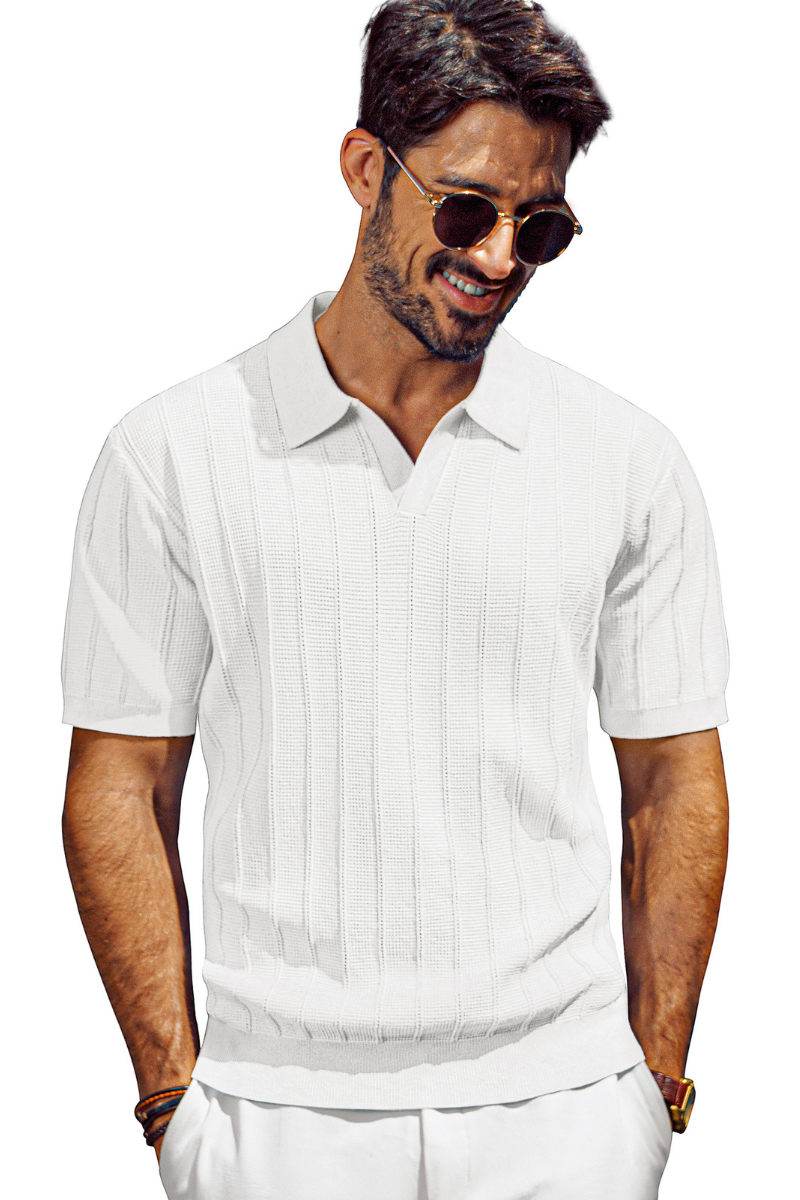 Men's Textured Knit Polo Shirt - Short Sleeve V-Neck Lapel Collar Casual Knitwear for Office & Summer Outings