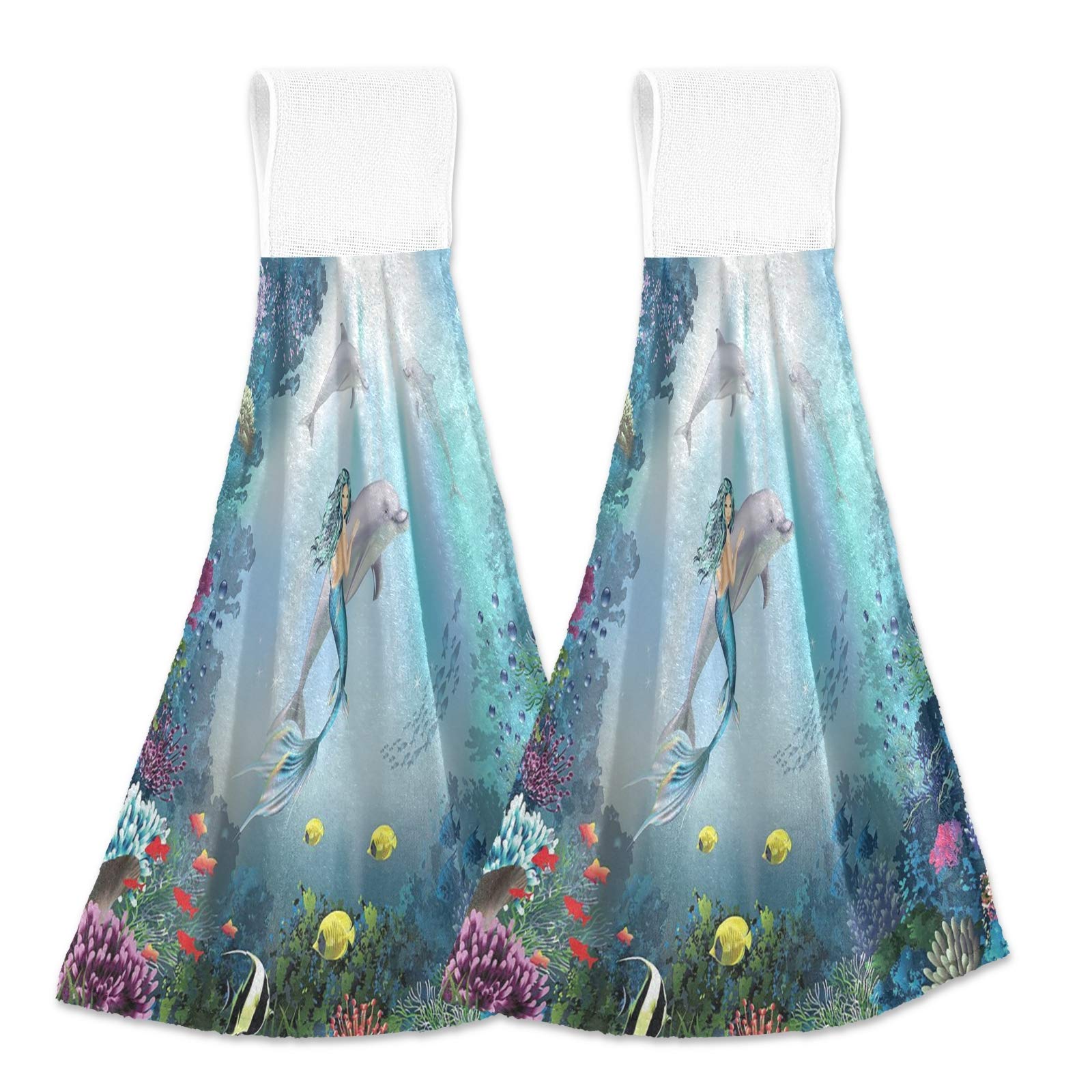 Dolphin & Mermaid Themed Kitchen Hand Towels Set of 2 - Absorbent Hanging Dishcloths with Loops for Kitchen, Bathroom, and Beach House Decor | Ocean Sealife Fish Design