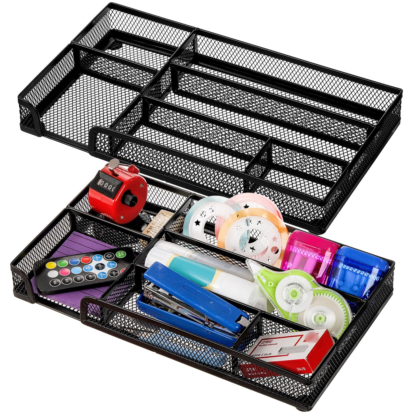 2-Pack Metal Mesh Desk Drawer Organizer with 6 Compartments - Black Office Tray & Pen Storage Box for Home, School, Kitchen - Perfect for Organizing Stationery, Makeup, and Office Supplies