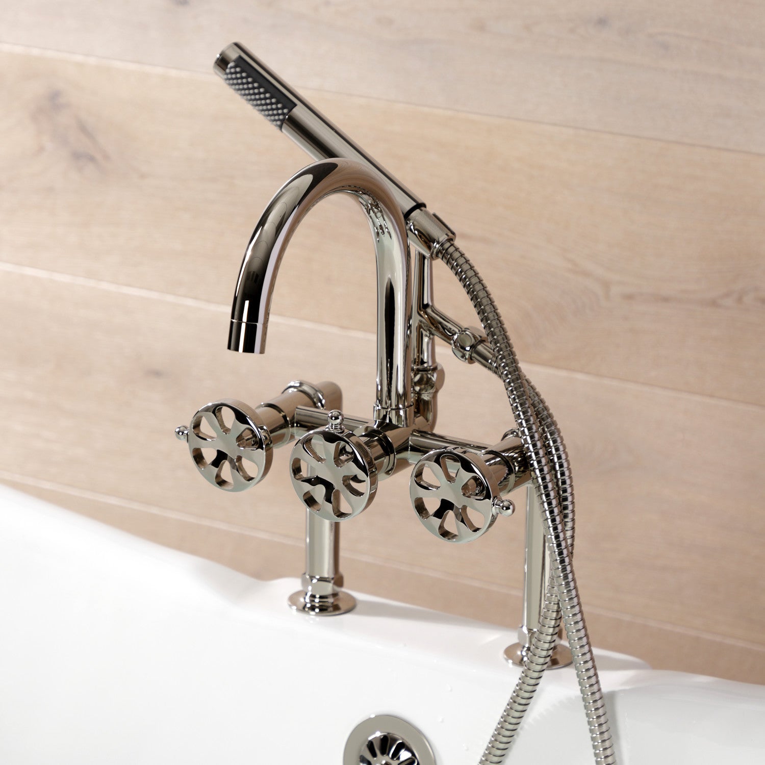 Belknap AE8106RX 3-Handle 2-Hole Deck Mount Clawfoot Bathtub Faucet with Hand Shower - Polished Nickel Finish - Vintage Style Bathroom Fixture for Classic & Modern Bathrooms