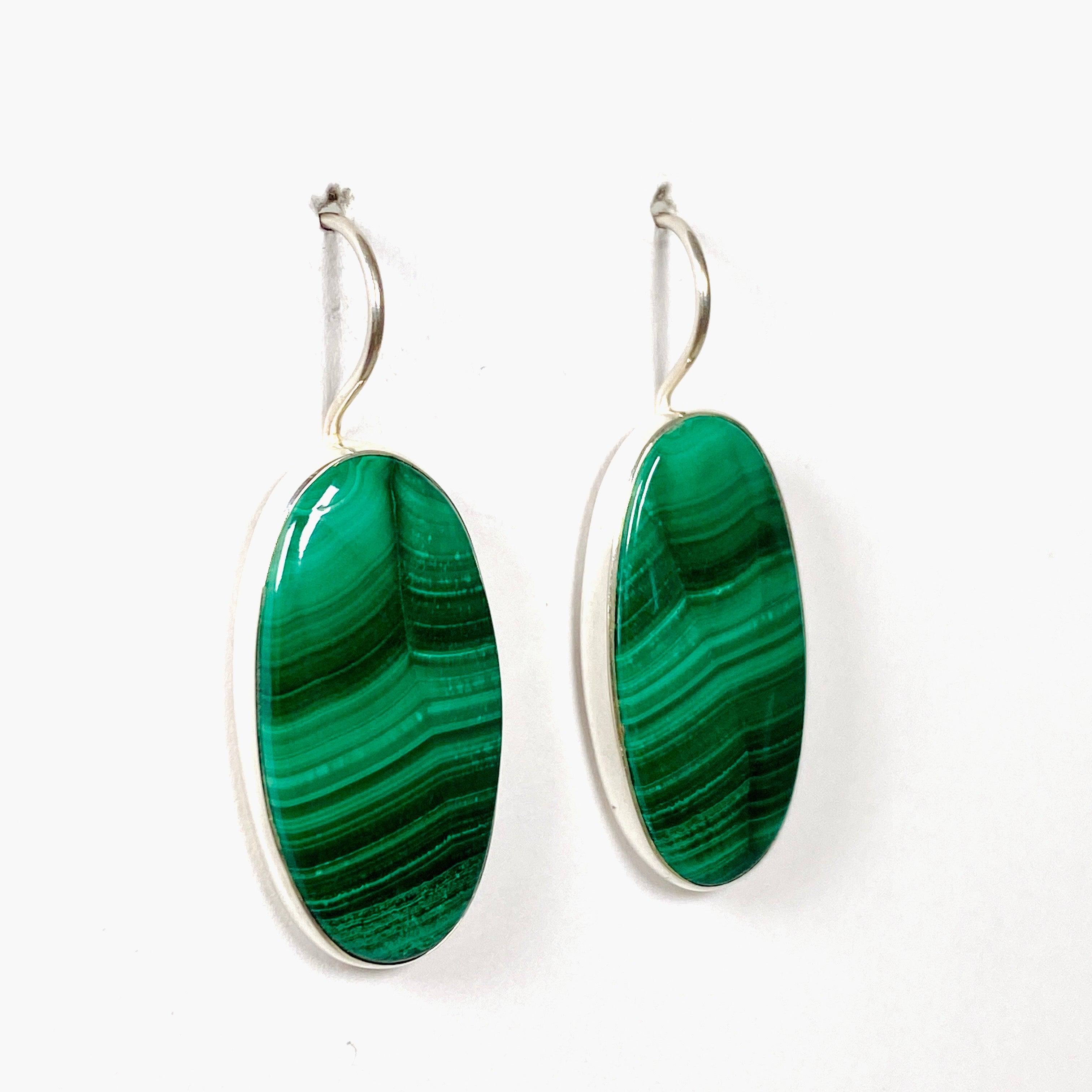 Natural Malachite Oval Fixed Hook Earrings KEGJ1341 – Elegant Green Gemstone Jewelry for Women, Perfect for Parties, Weddings & Special Occasions