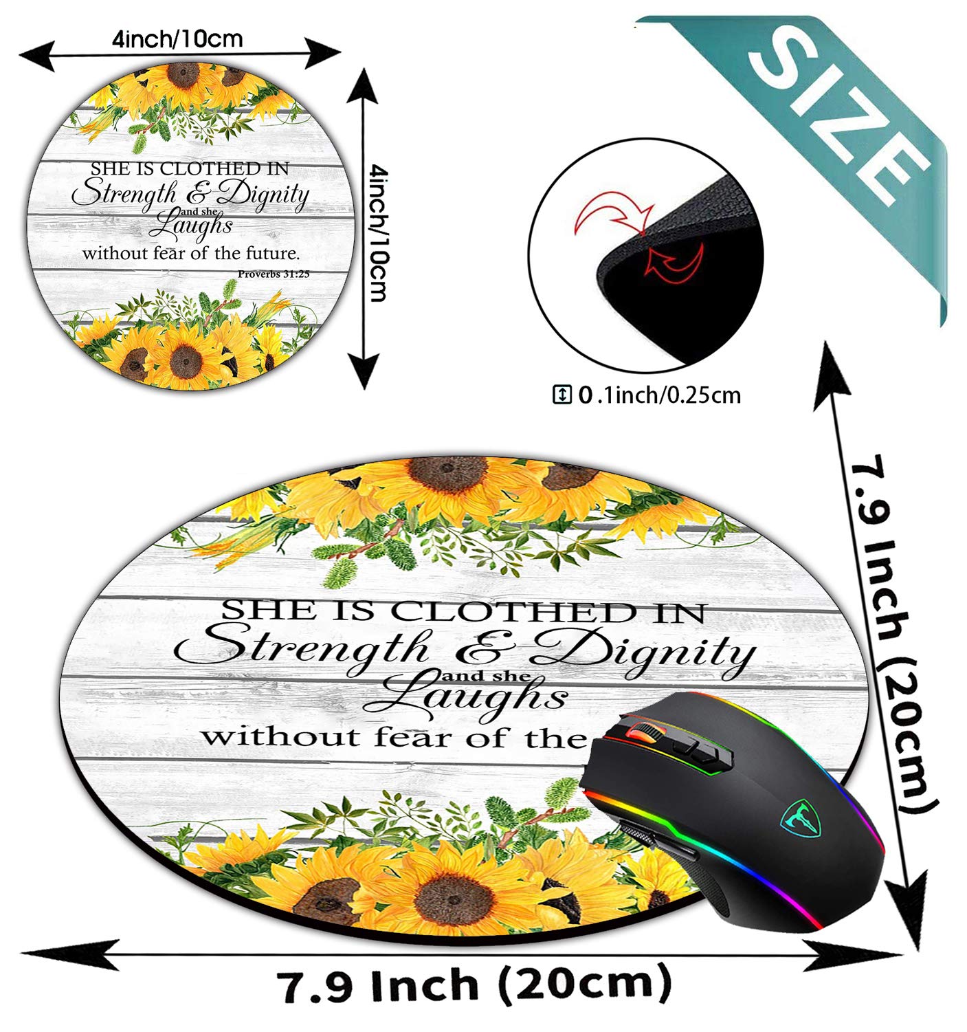 Round Mouse Pad and Coasters Set - Proverbs 31:25 Sunflower Yellow Watercolor Floral Design, Non-Slip Rubber Base for Computer Desk | Perfect for Office, Home & Gift Giving