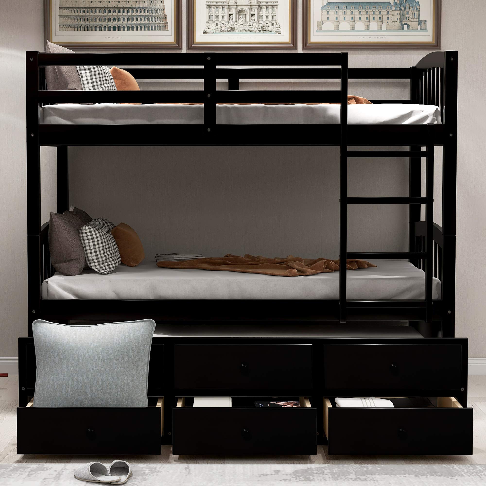 SOFTSEA Twin Over Twin Solid Wood Bunk Bed with Trundle, 3 Storage Drawers & Guardrails - Kids Bedroom Furniture for Siblings, Sleepovers & Guest Rooms (Espresso Finish) - Space-Saving Solution for Small Rooms & Vacation Homes