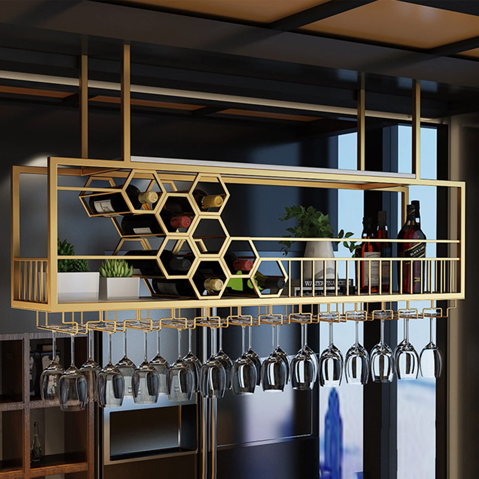 Premium Gold Ceiling Mounted Wine Bottle Rack - Bar Liquor Shelf with Glass Holder - Hanging Display Rack for Home Bar, Dining Room & Kitchen - Perfect for Wine Storage & Entertaining Guests