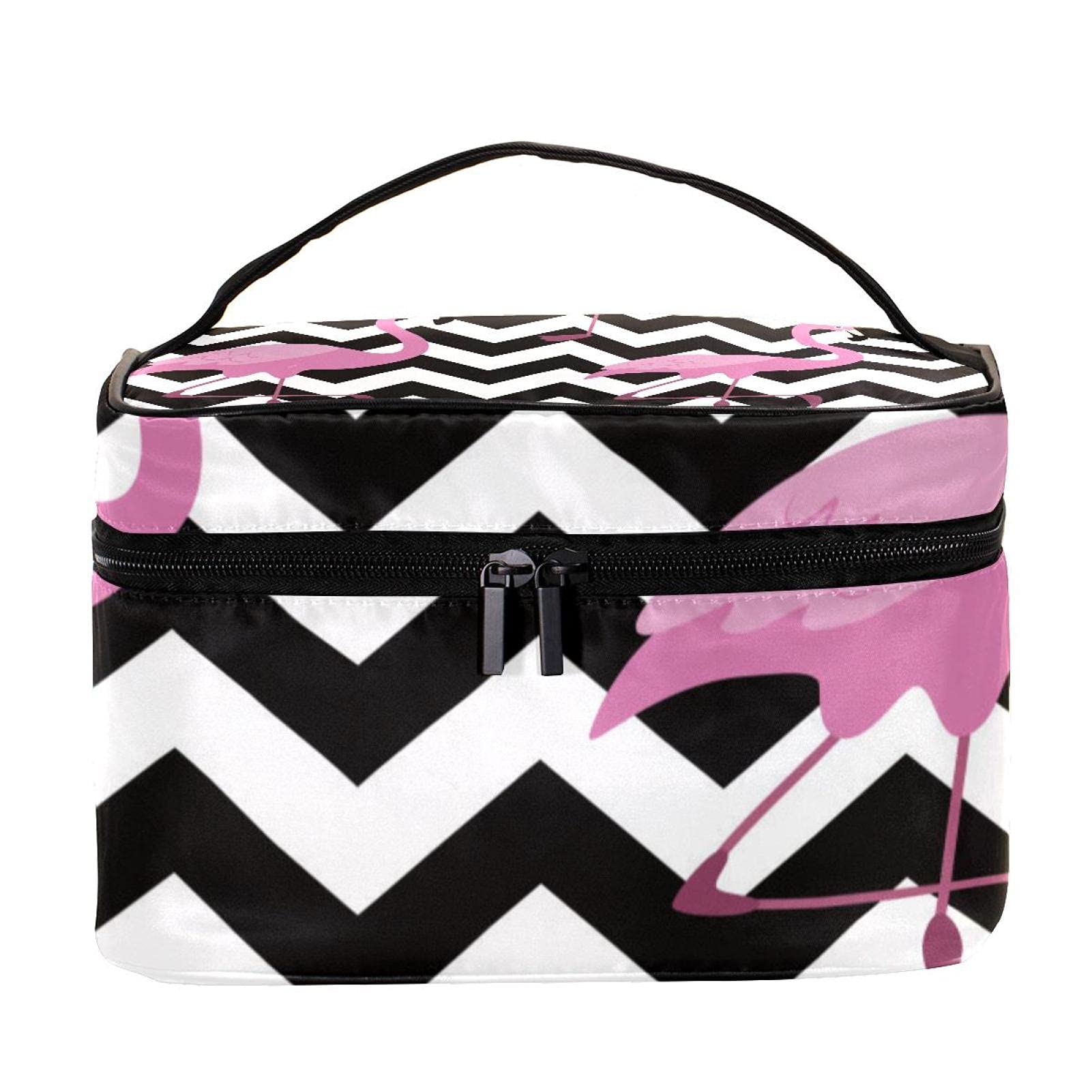 Stylish Pink Flamingo & Chevron Zigzag Large Travel Makeup Bag - Waterproof Cosmetic Organizer with Zipper for Women & Girls | Perfect for Vacations, Gym, Beach Trips & Daily Essentials