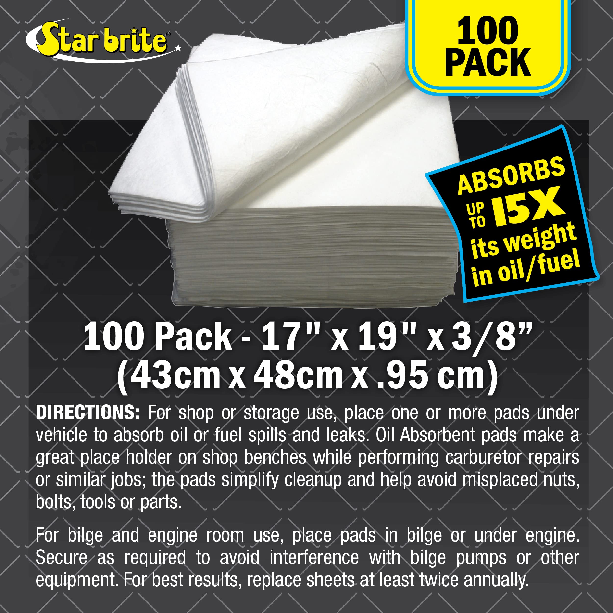 STAR BRITE High-Efficiency Oil Absorbent Sheets - Reusable Fuel & Grease Spill Cleaner for Mechanics, Workshops, Boats & Engine Rooms - Water-Resistant, Easy Disposal - Perfect for Auto Shops, Marine Maintenance & Industrial Spill Cleanup