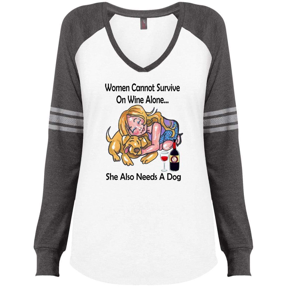 WineyBitches.co Women's Funny Graphic Long Sleeve V-Neck T-Shirt - 'Cannot Survive On Wine Alone' Black Lettering - Perfect for Girls Night Out, Bachelorette Parties & Wine Lovers