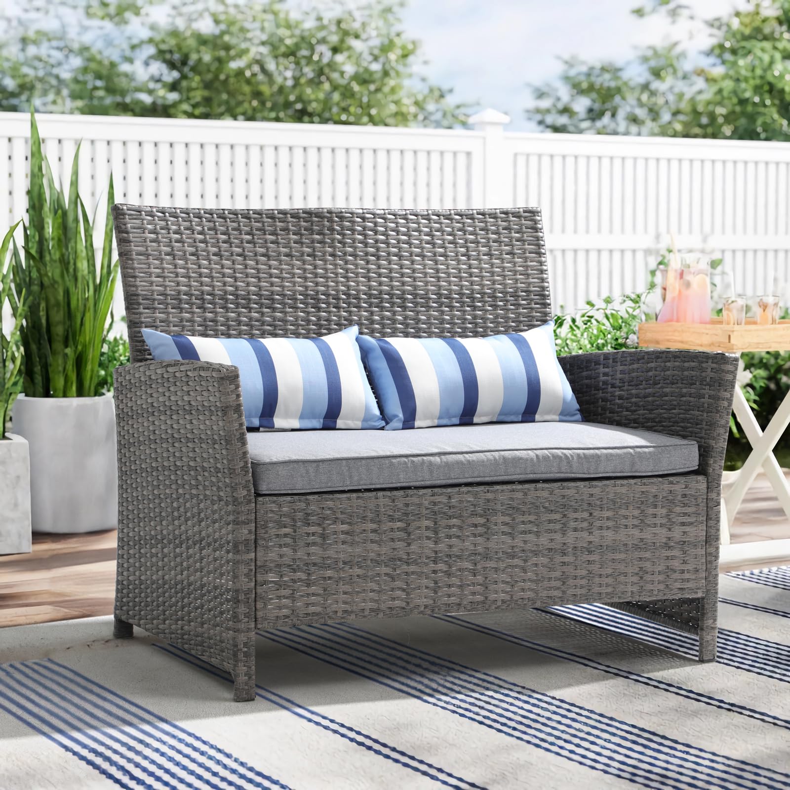 **SUNSITT Outdoor Wicker Loveseat with Cushions – 2-Seater PE Rattan Sofa with Lumbar Pillows, Grey Wicker & Grey Cushions – Durable Steel Frame – Perfect for Patio, Backyard, Garden, Poolside & Porch Relaxation**