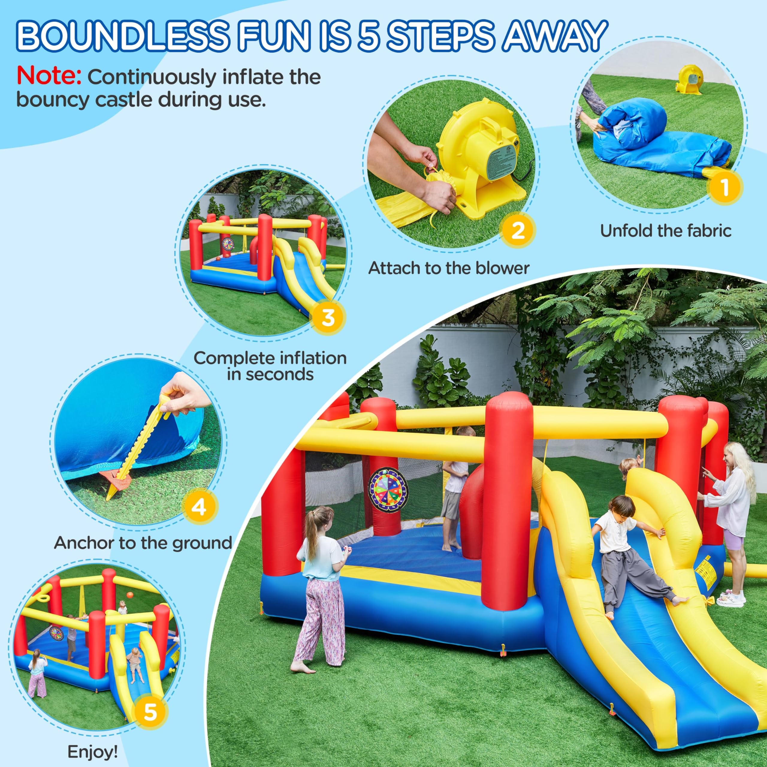 Yaheetech 7-in-1 Oversized Inflatable Bounce House for Kids Ages 3-10 - Jump Castle with Obstacle Course, Slide, Basketball Hoop & Dart Game - Includes 520W Blower & Storage Bag - Perfect for Birthday Parties, Backyard Fun & Outdoor Play