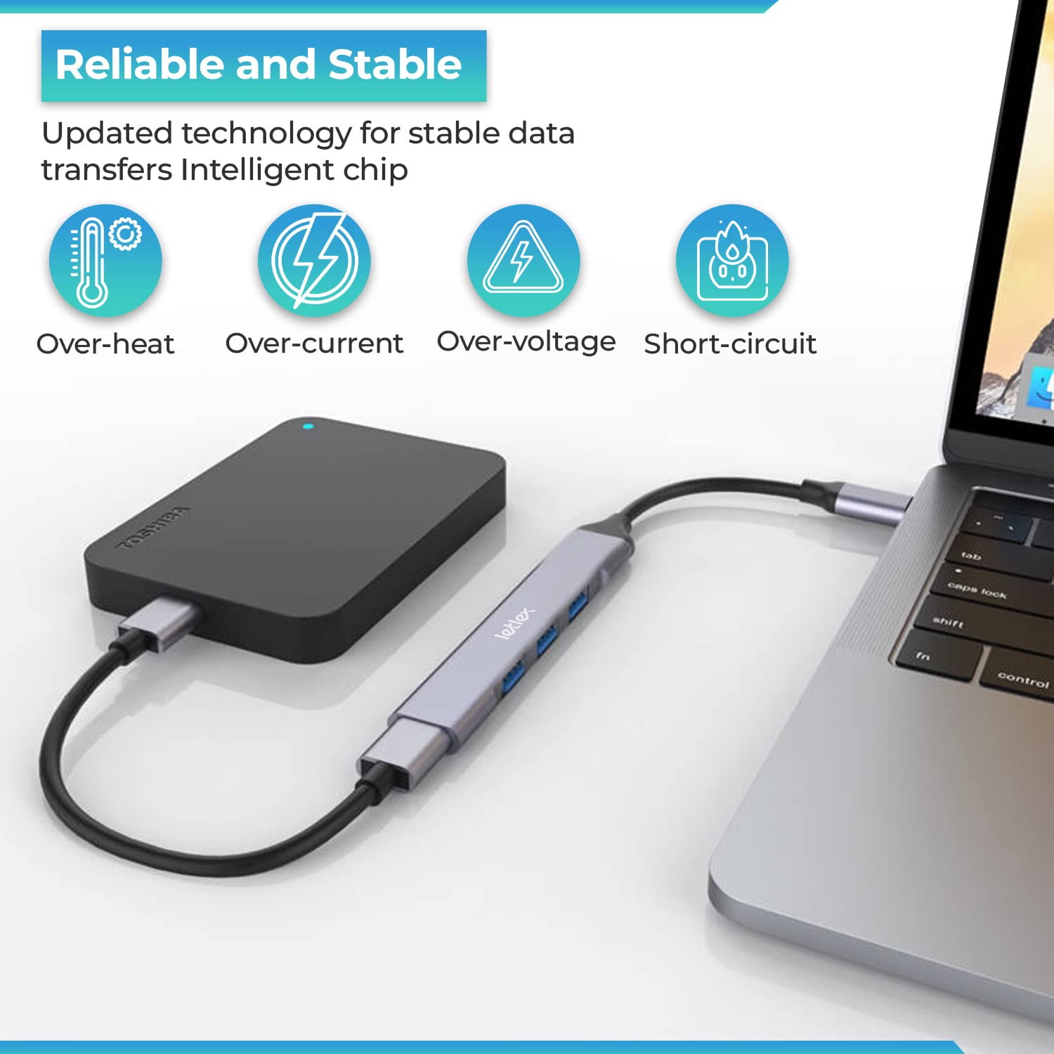 4-in-1 USB 3.0 Hub with 1x USB 3.0 & 3x USB 2.0 Ports - High Speed Data Transfer Multiport Adapter for Laptop, PC, MacBook - Perfect for Home Office, Gaming & Charging Multiple Devices