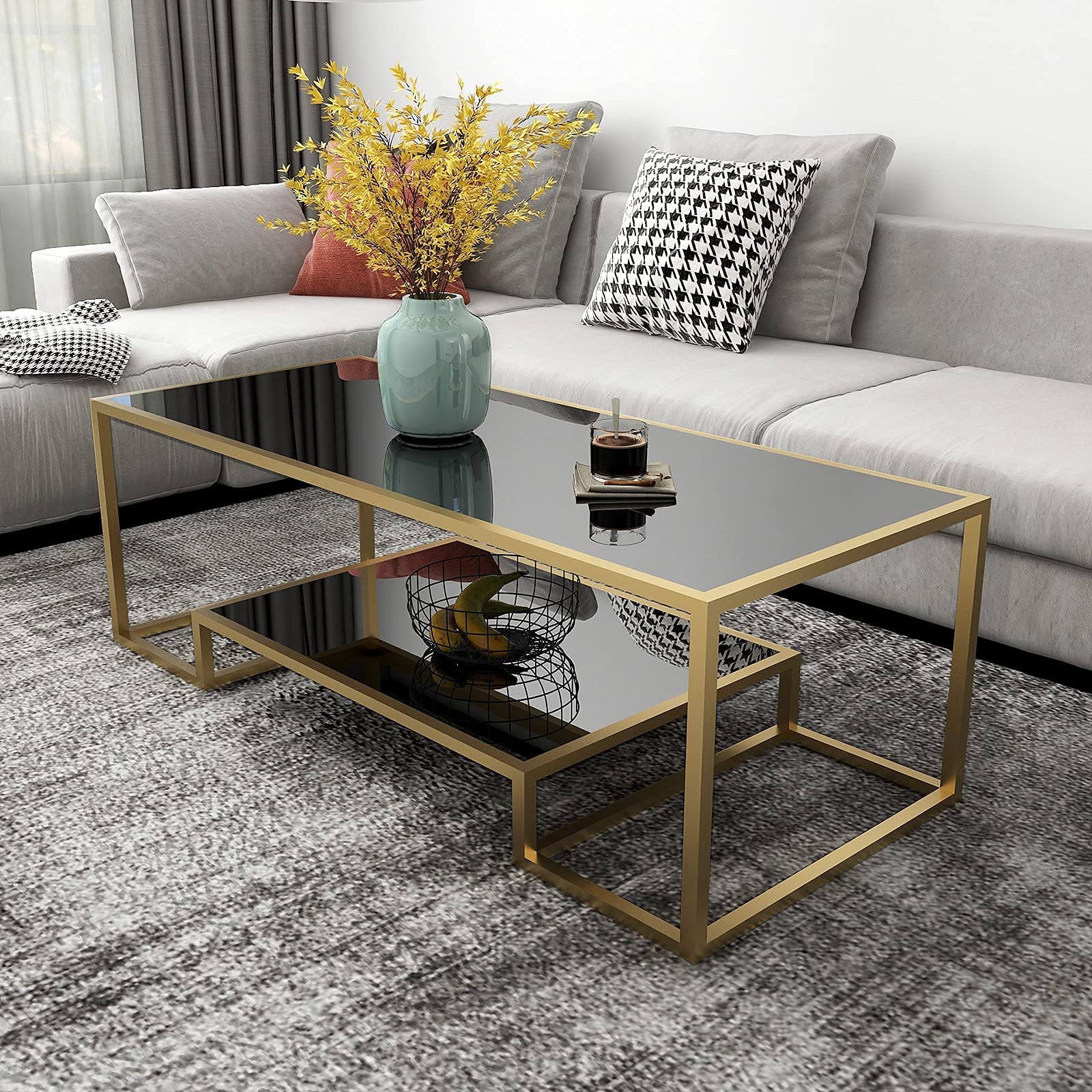 Modern COSVALVE Glass Coffee Table with Brass Accent - Tempered Glass Side Table with Storage Shelf & Sturdy Metal Frame - Perfect for Living Room, Home Office & Classy Furniture Decor (Ideal for Coffee Lovers, Entertaining Guests & Small Space Solutions)