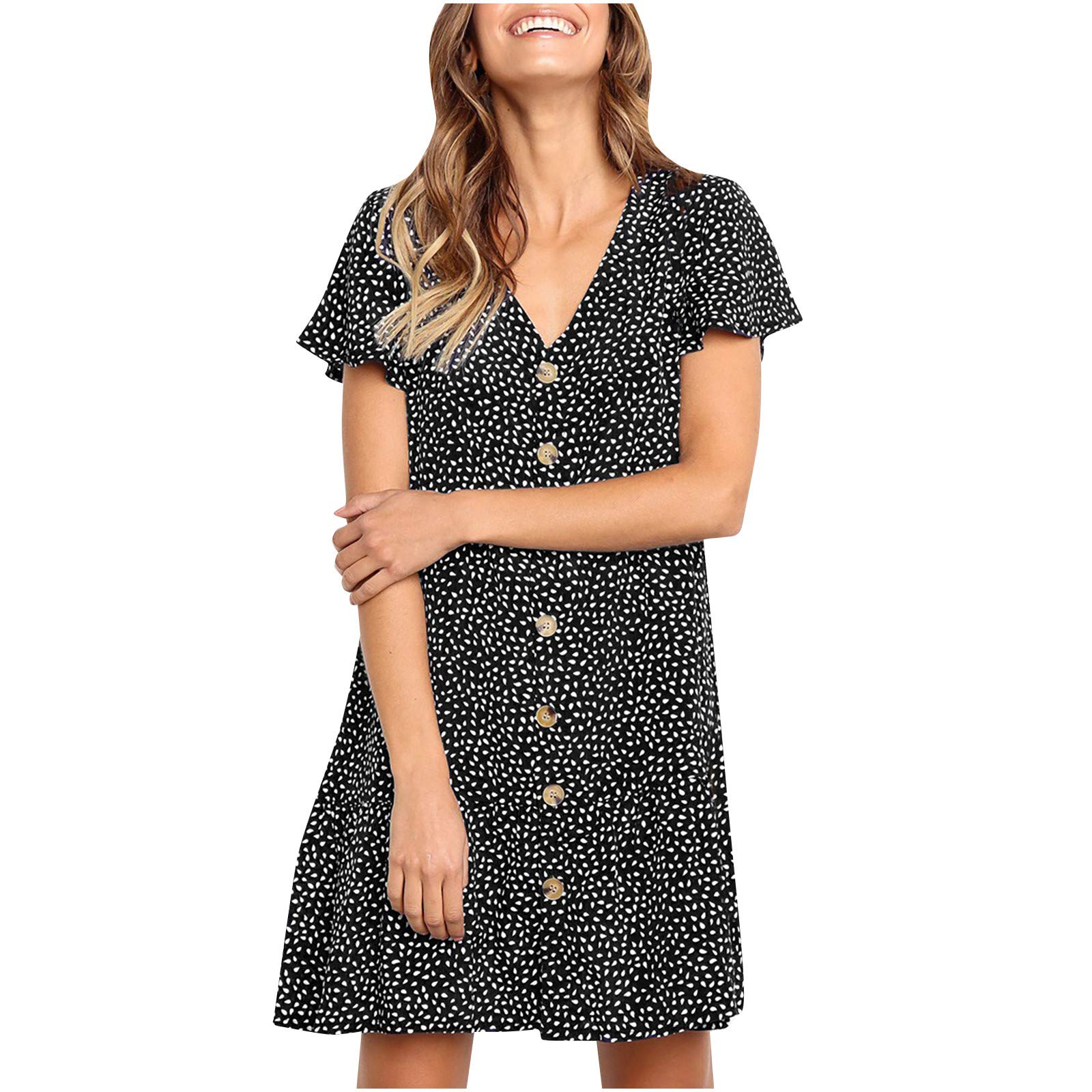 MOXIU Women's Summer Short Sleeve V-Neck Button Down Ruffle Swing Mini Dress - Loose Casual Flowy Tunic T-Shirt Dress for Beach, Vacation & Date Night