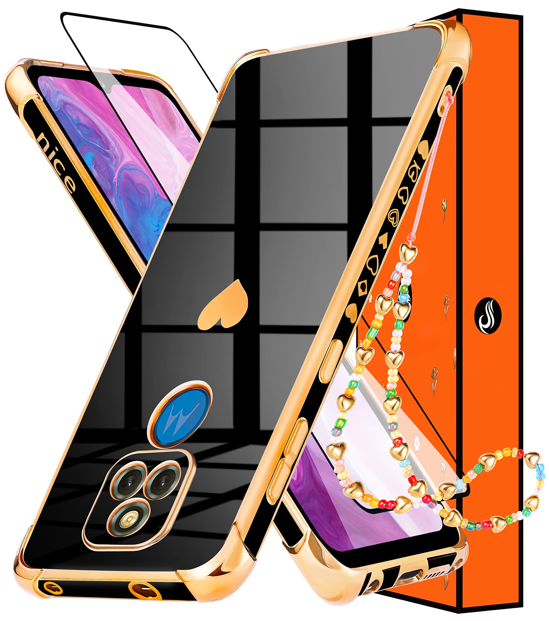 **3-in-1 Heart Pattern Phone Case for Motorola Moto G Play 2021 (6.5 Inch) – Cute Aesthetic Love Design, Black & Gold Luxury Cover with Screen Protector & Chain – Perfect for Women & Girls**    **Usage Scenarios:** Ideal for everyday use, school, work, or special occasions – a stylish and protective case for your Motorola Moto G Play 2021.